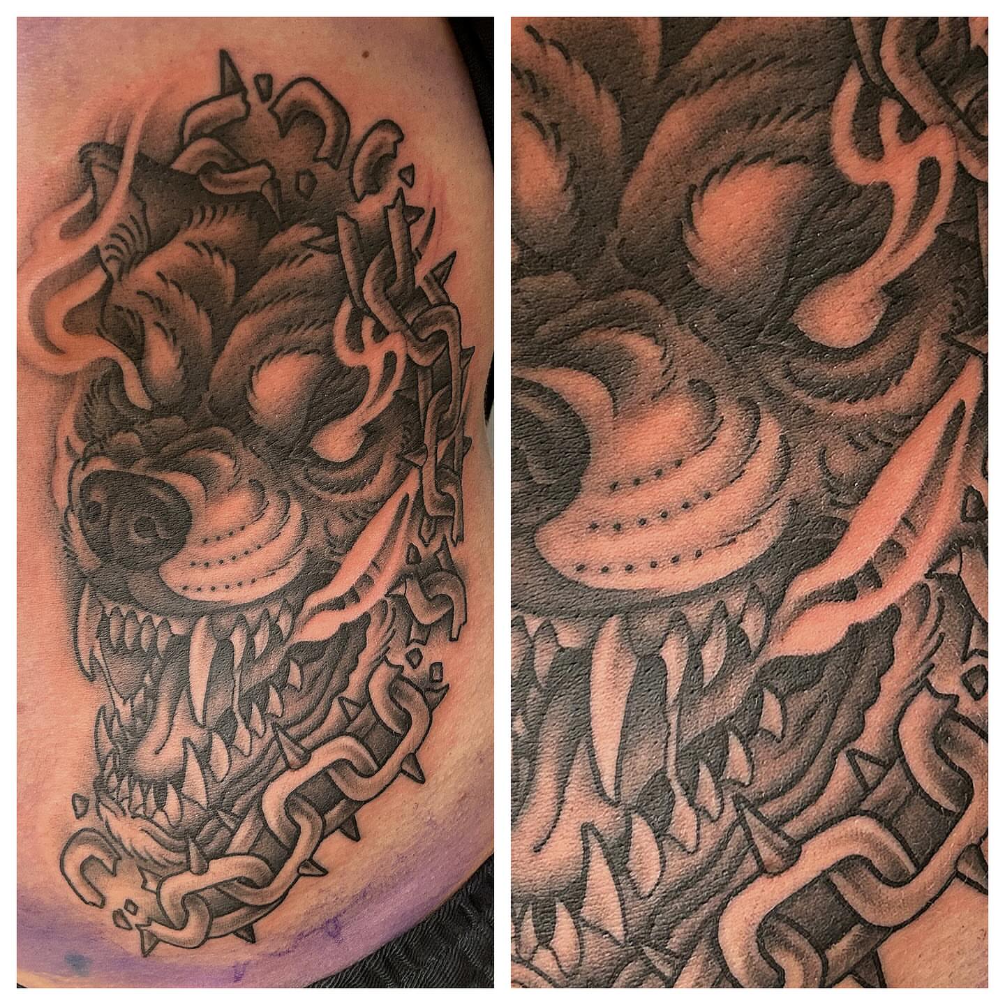 Tattoo by @pat_bennett_tattoos — black_and_grey, dark_realism