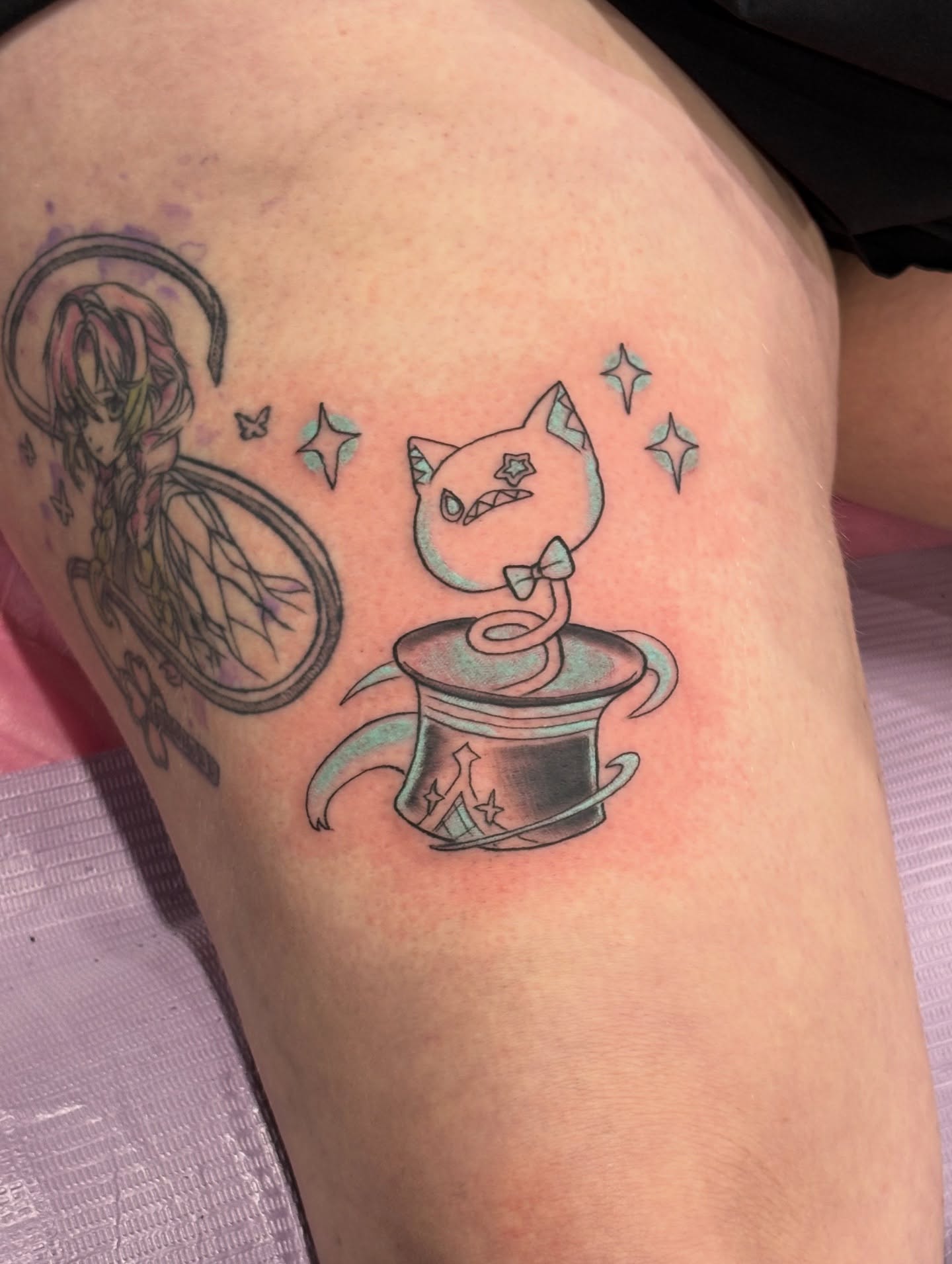 Magician cat anime tattoo on the thigh by ✨Dani Jackson✨, New Orleans, Louisiana
