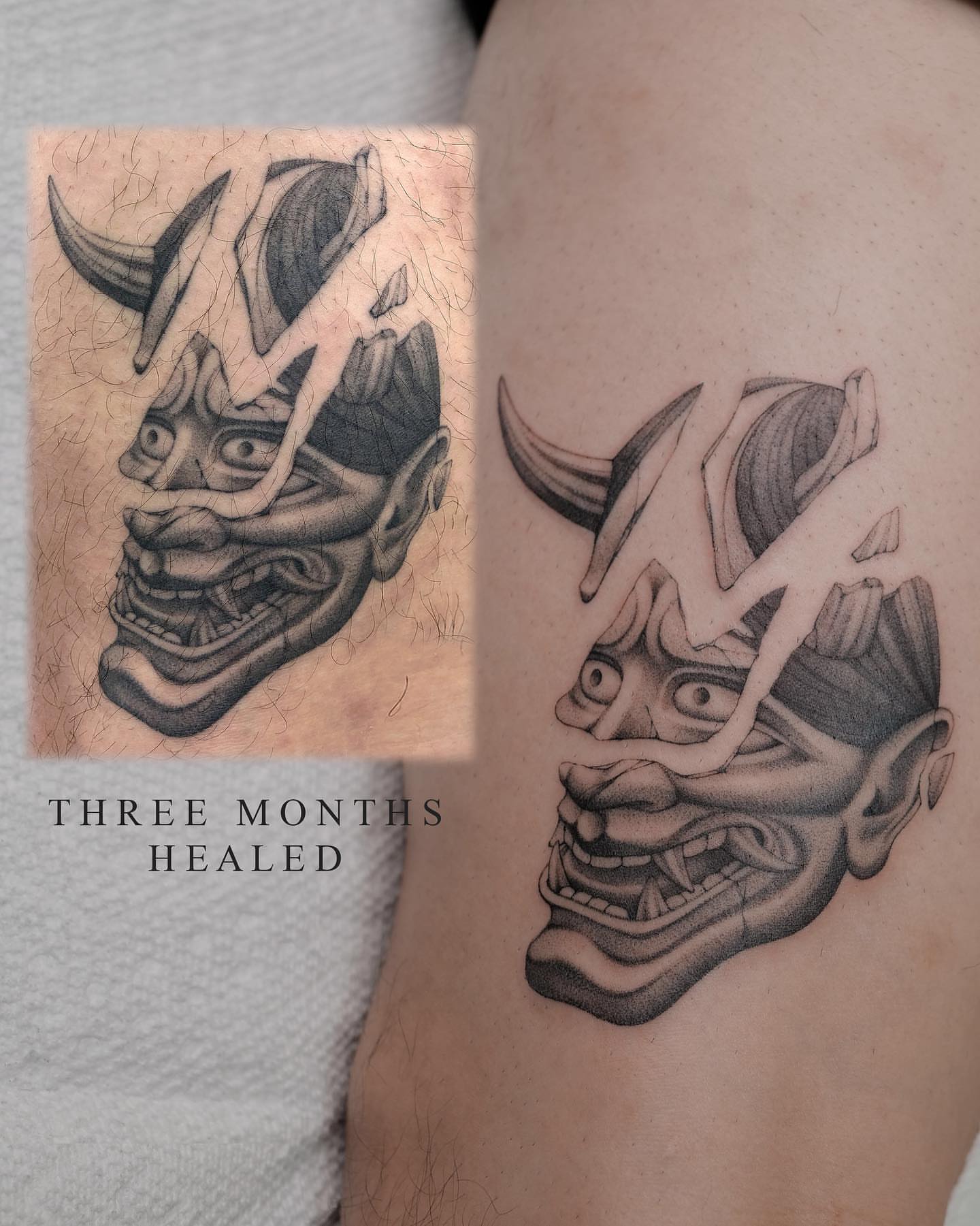 Mask black and grey tattoo on the forearm by Jason Lu ✪