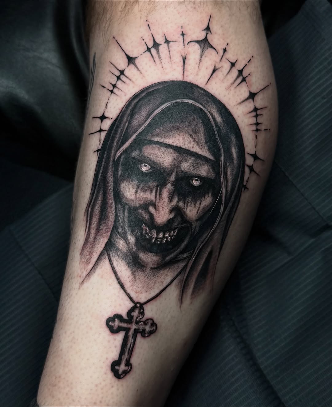 Demonic nun with cross realism tattoo on the forearm by 𝔐𝔦𝔠𝔥𝔢𝔩𝔩𝔢𝔫 🦇
