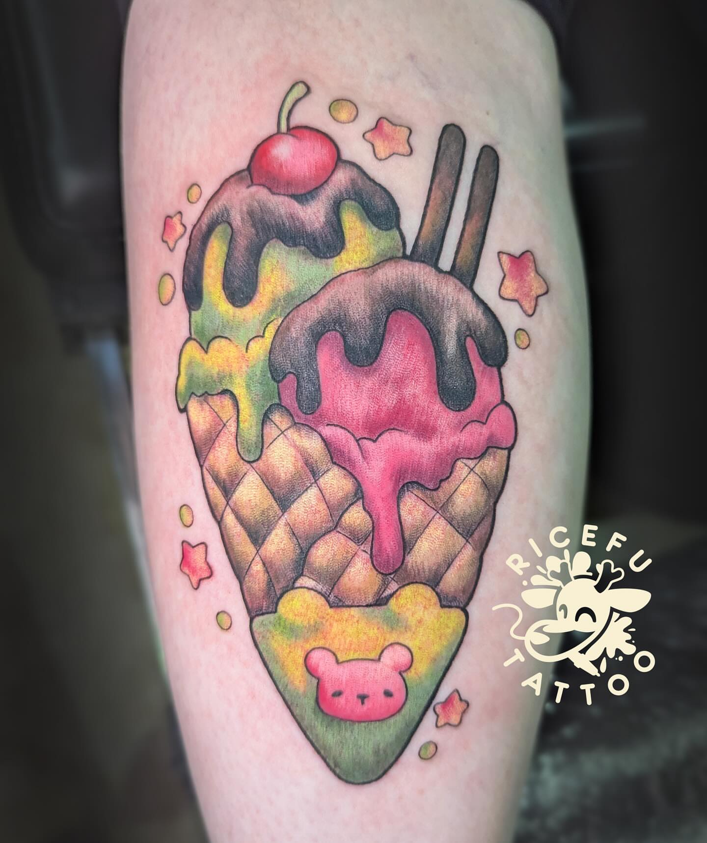 Ice cream cone new school tattoo on the forearm by Ricefu Art & Tattoo