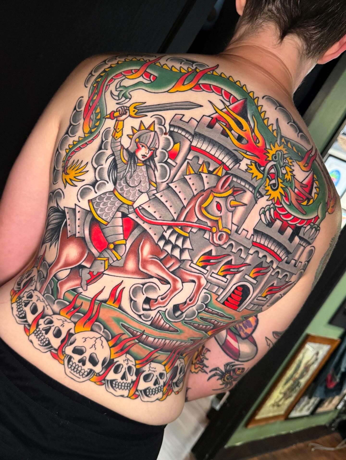 Samurai warrior on horseback American traditional tattoo on the back by Chelstine, Encinitas, California