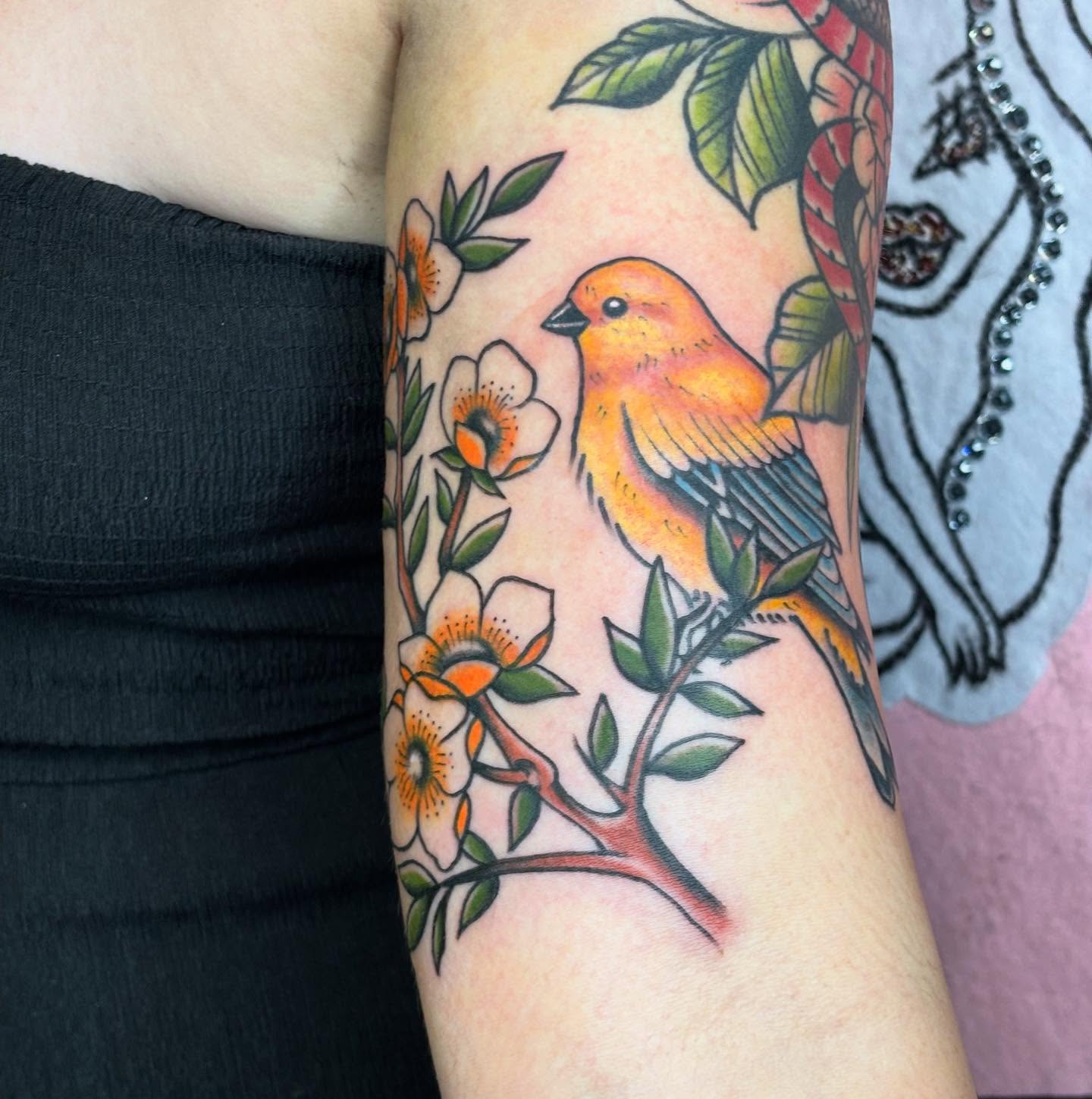 Bird and blossoms American traditional tattoo on the forearm by Brandi ⛓, Detroit, Michigan
