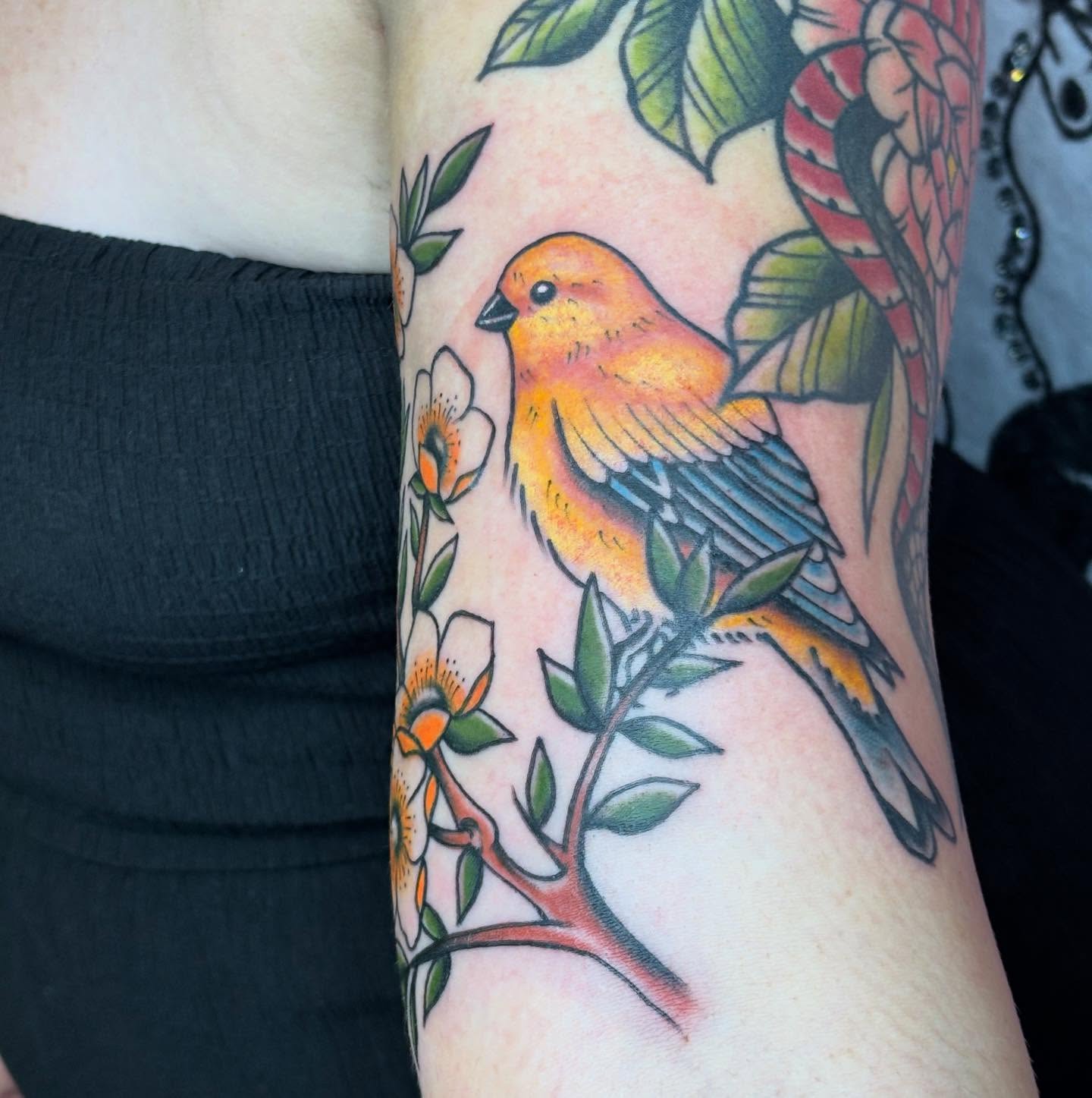 Bird and blossoms American traditional tattoo on the forearm by Brandi ⛓, Detroit, Michigan