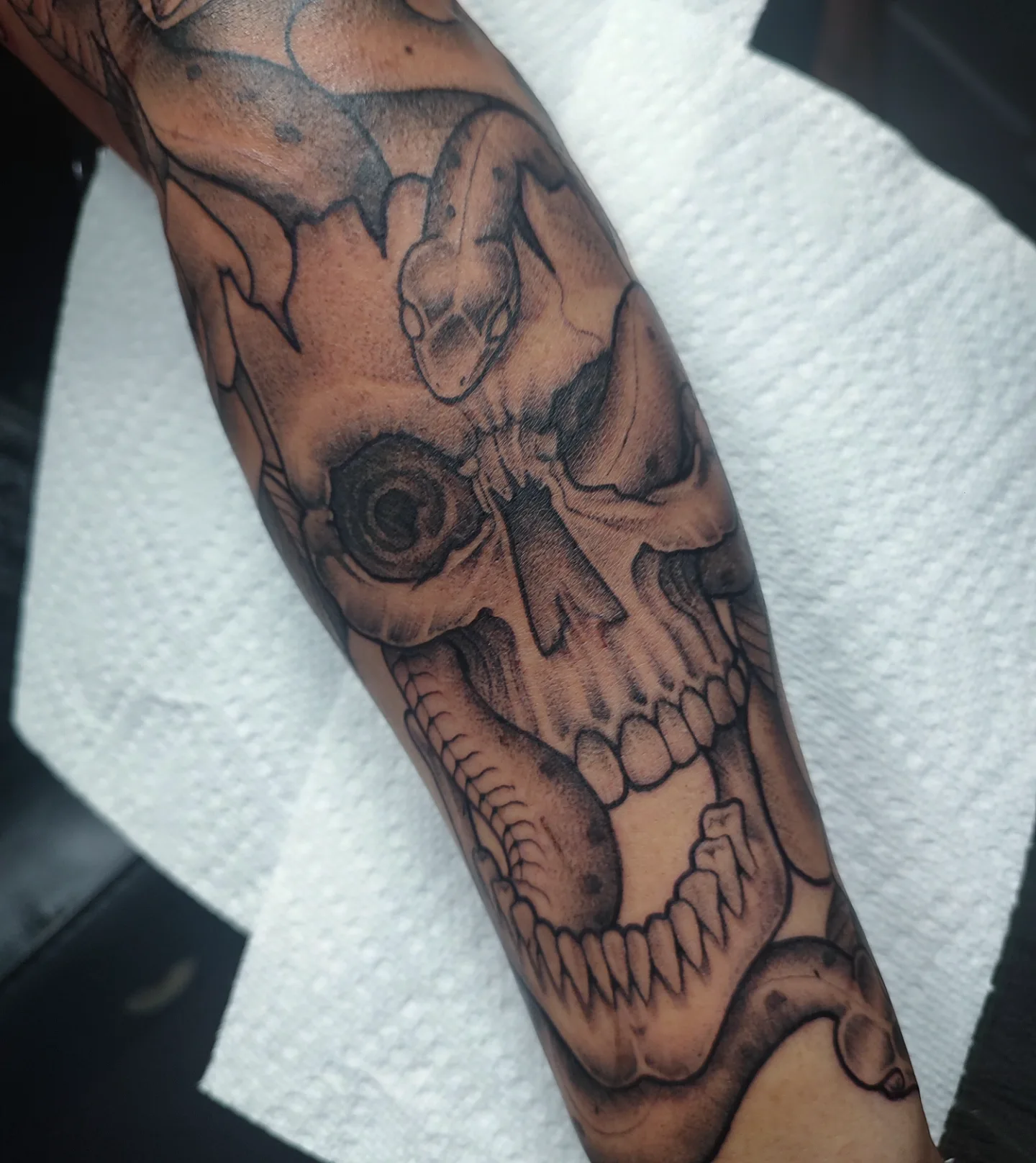 Skull realism tattoo on the forearm by Jennifer Fowler