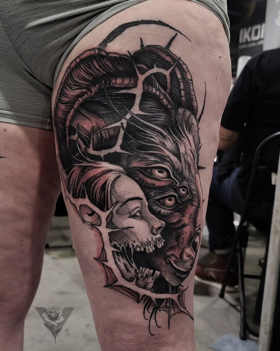 Demon and woman dark realism tattoo on the thigh by V πΊπ¦