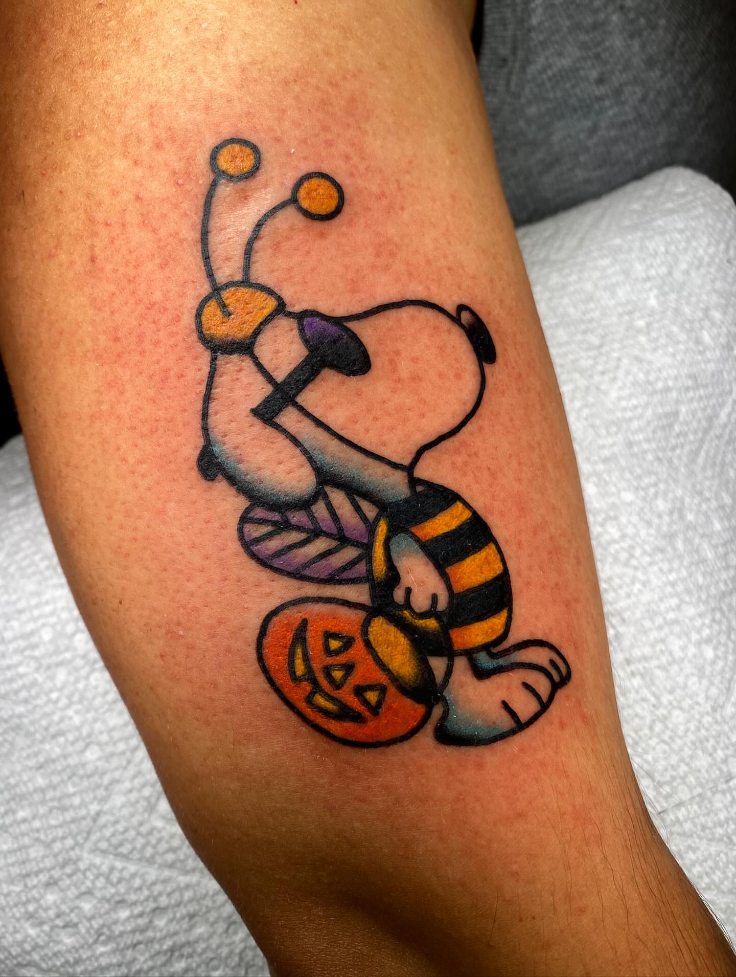 Snoopy halloween new school tattoo on the forearm by @rubber_band_dan, San Francisco, California