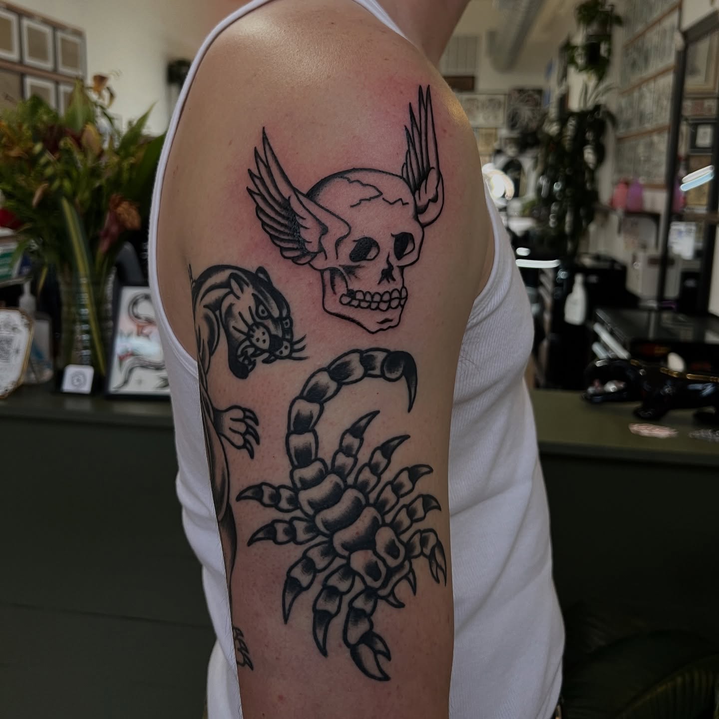Skull with wings and scorpion American traditional tattoo on the upper arm by @syrenbier, San Francisco, California
