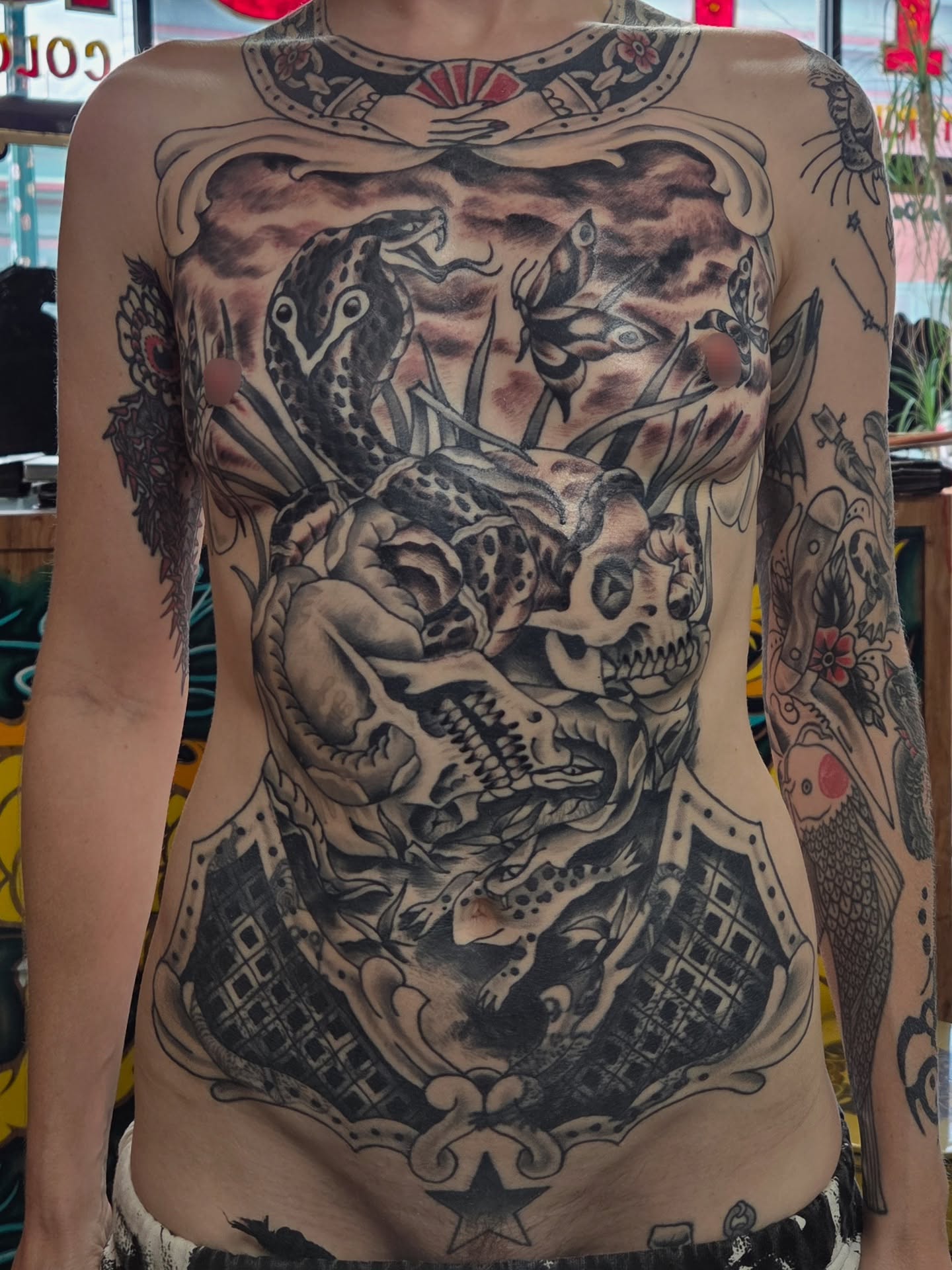 Snake and skull American traditional tattoo on the torso by Kennedy Cole