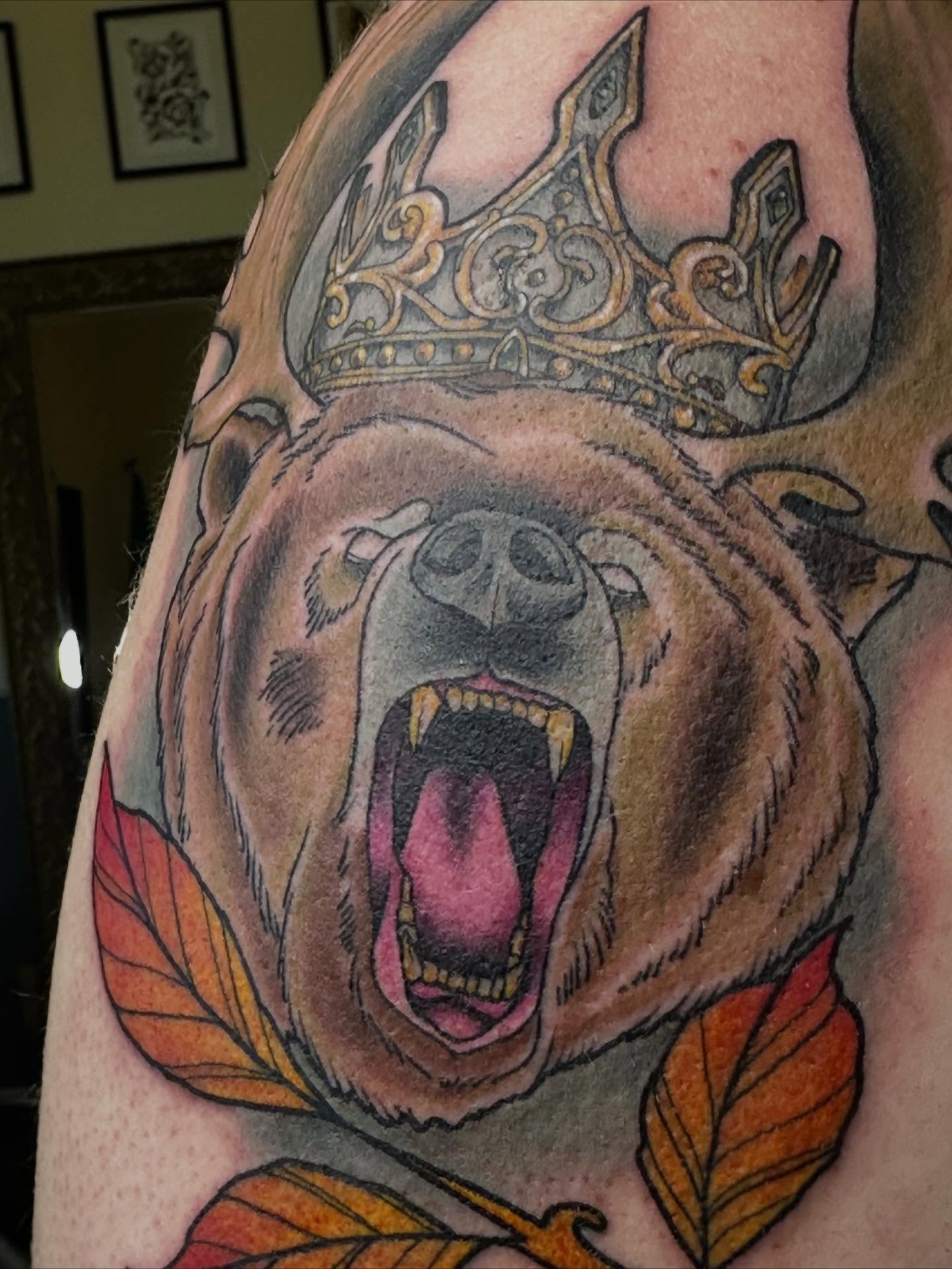 Roaring bear with crown American traditional tattoo on the upper arm by SAL, Mesa, Arizona