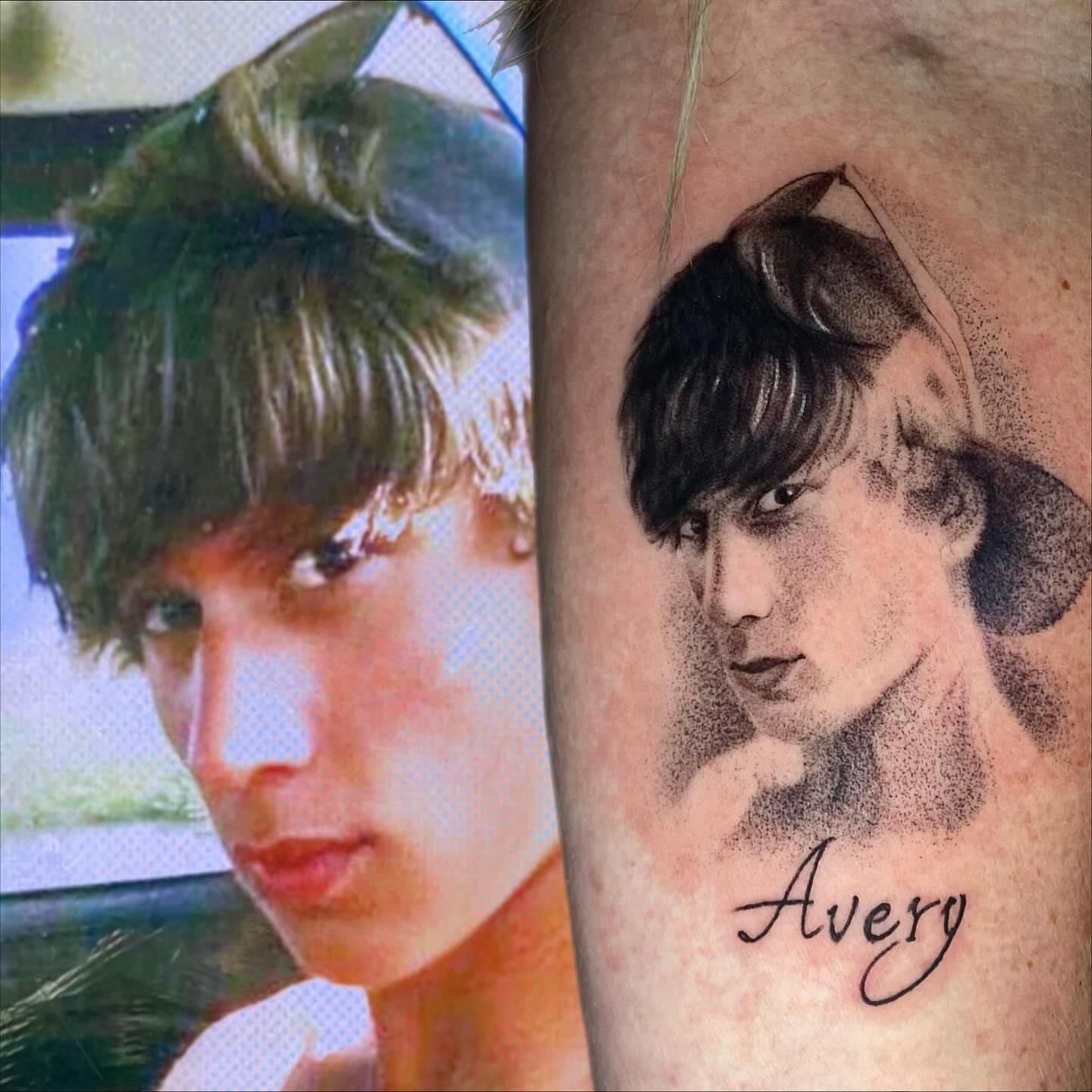Portrait dotwork tattoo on the forearm by Prncjordn, Stallings, North Carolina