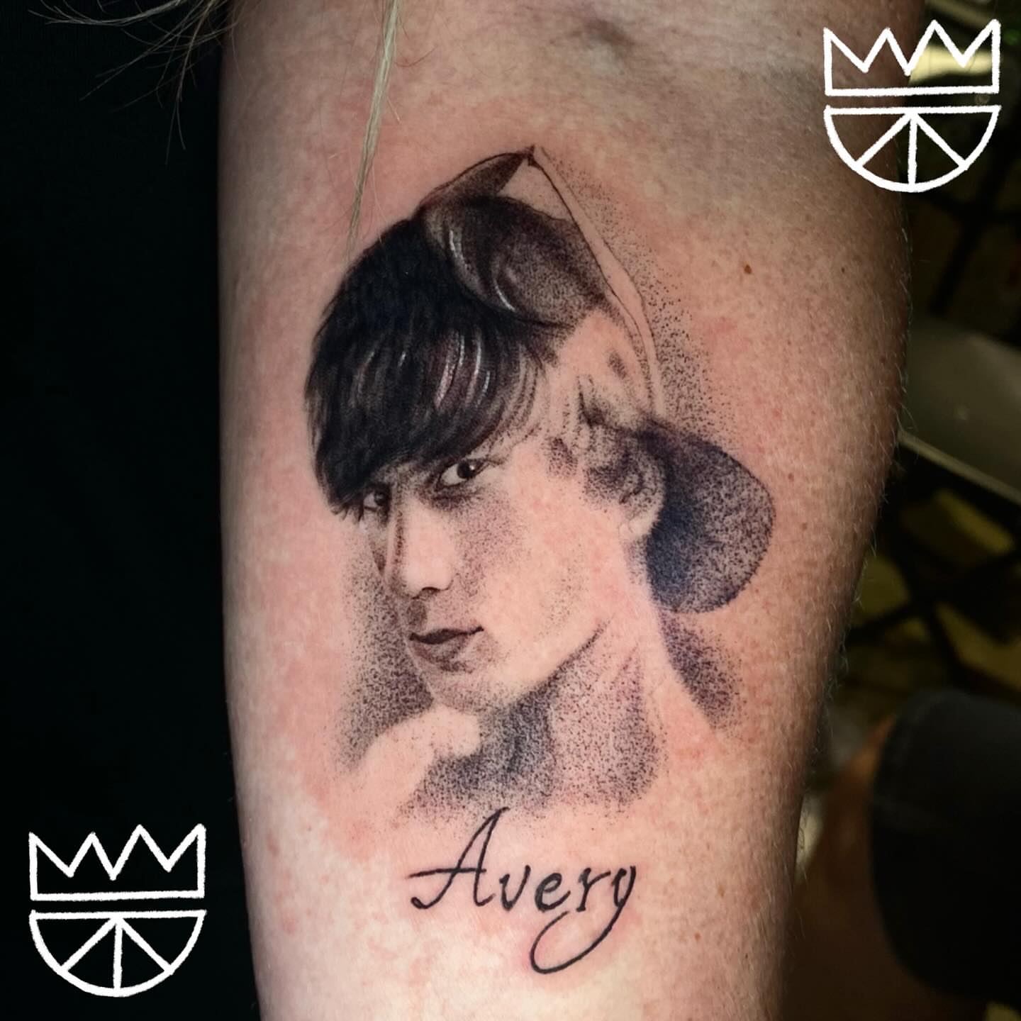 Portrait dotwork tattoo on the forearm by Prncjordn, Stallings, North Carolina