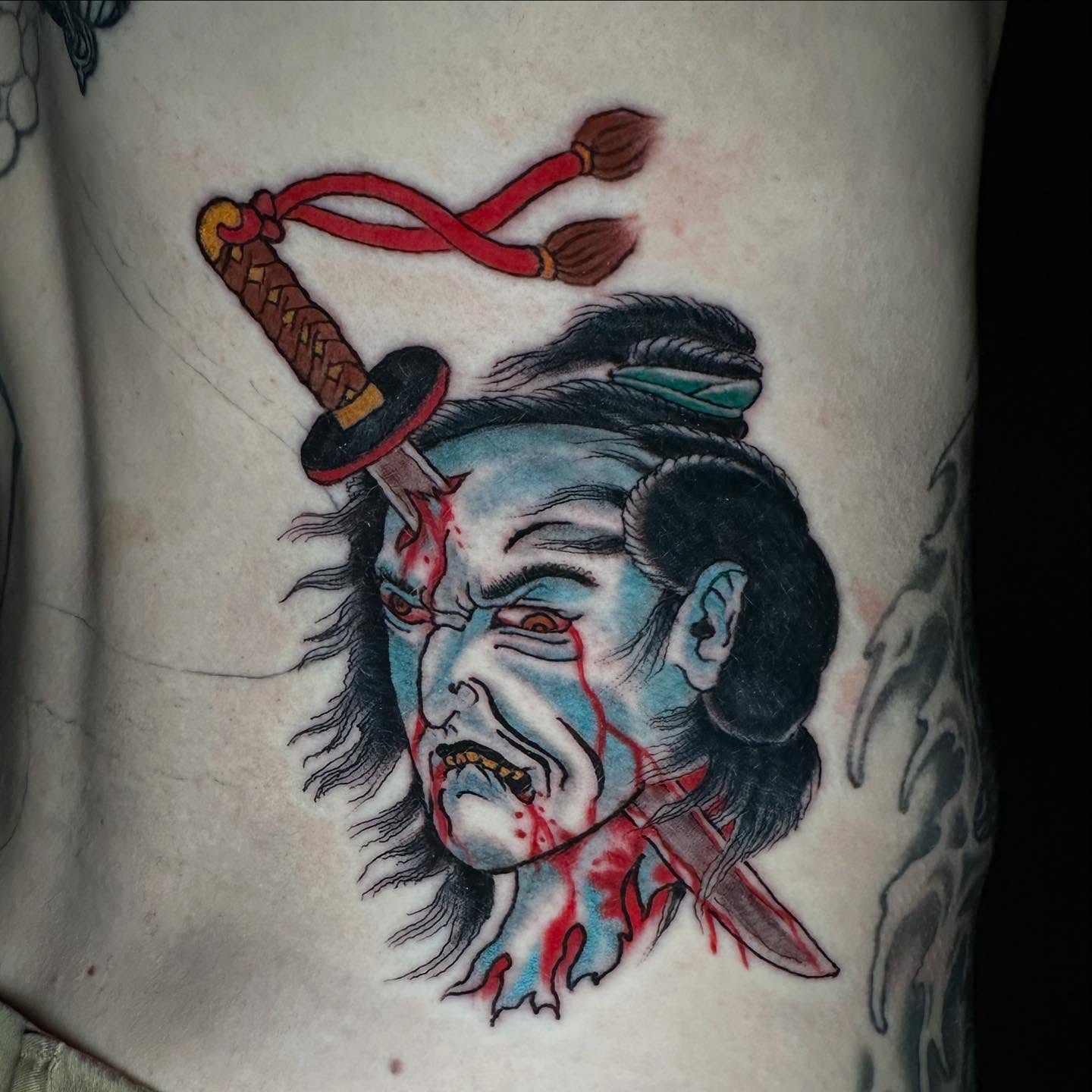 Japanese warrior American traditional tattoo on the thigh by Jordan Rubin, Dunedin, Florida