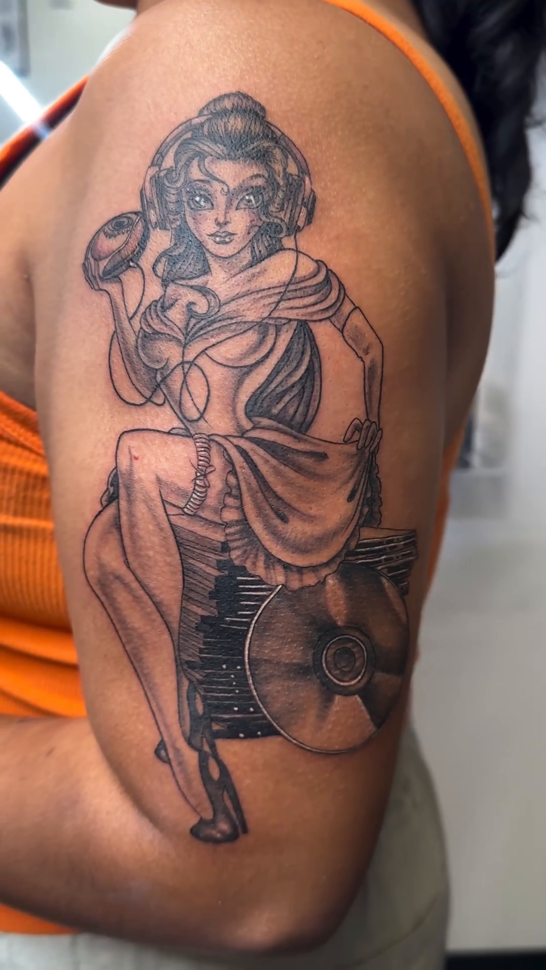 Pin-up girl American traditional tattoo by Ricky Flemate, San Antonio