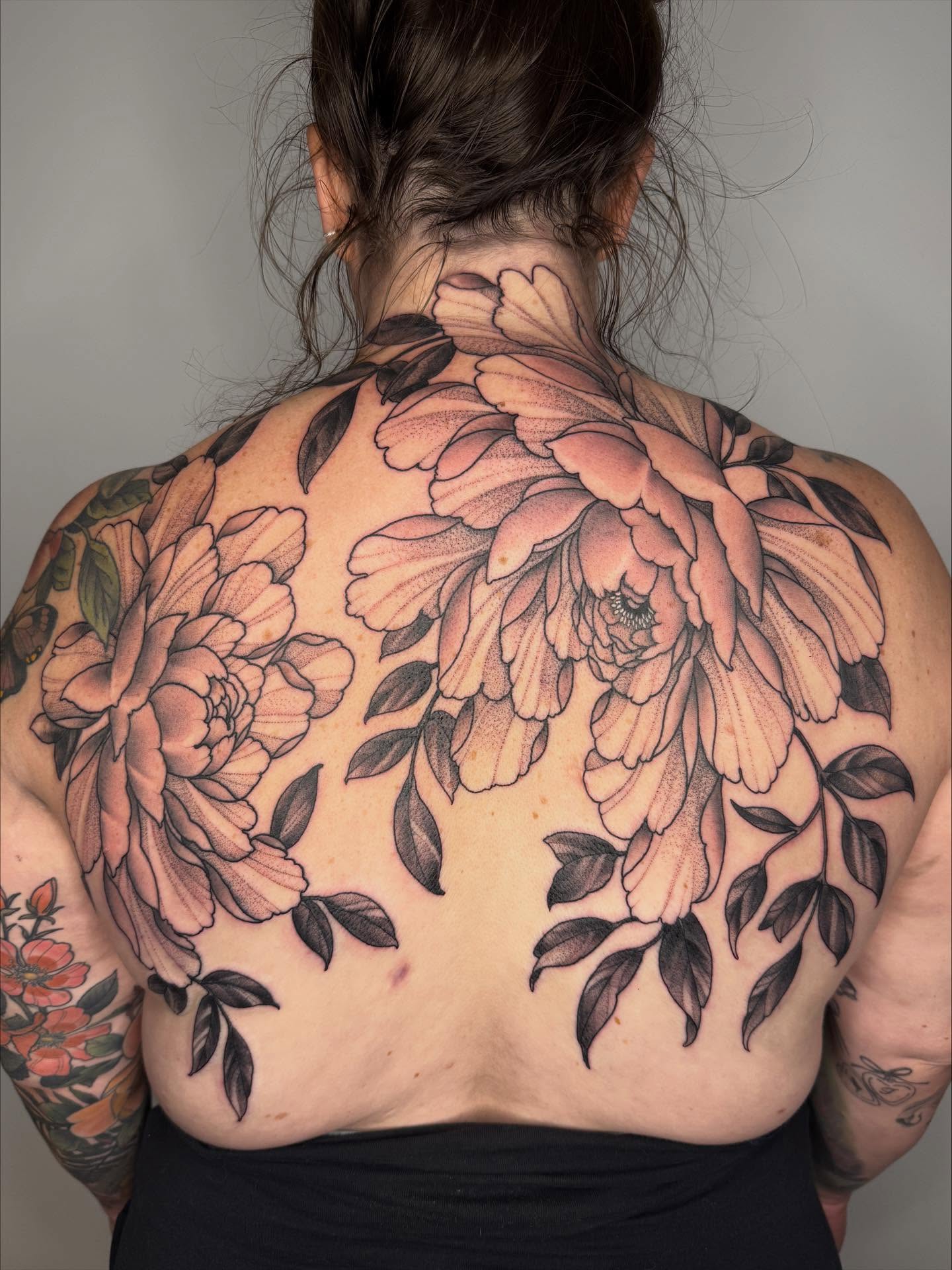 Peony flowers black and grey tattoo on the back by Samantha Compasso Ford
