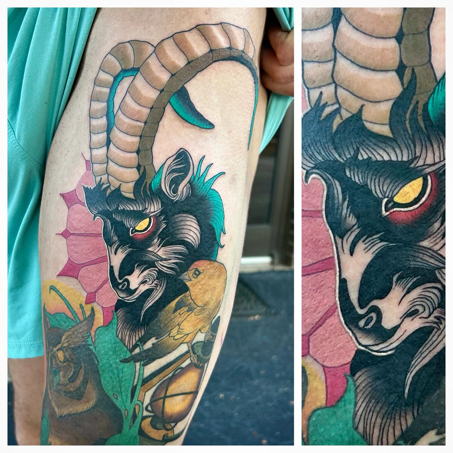 Ram and bird American traditional tattoo on the thigh by Steve Hooker