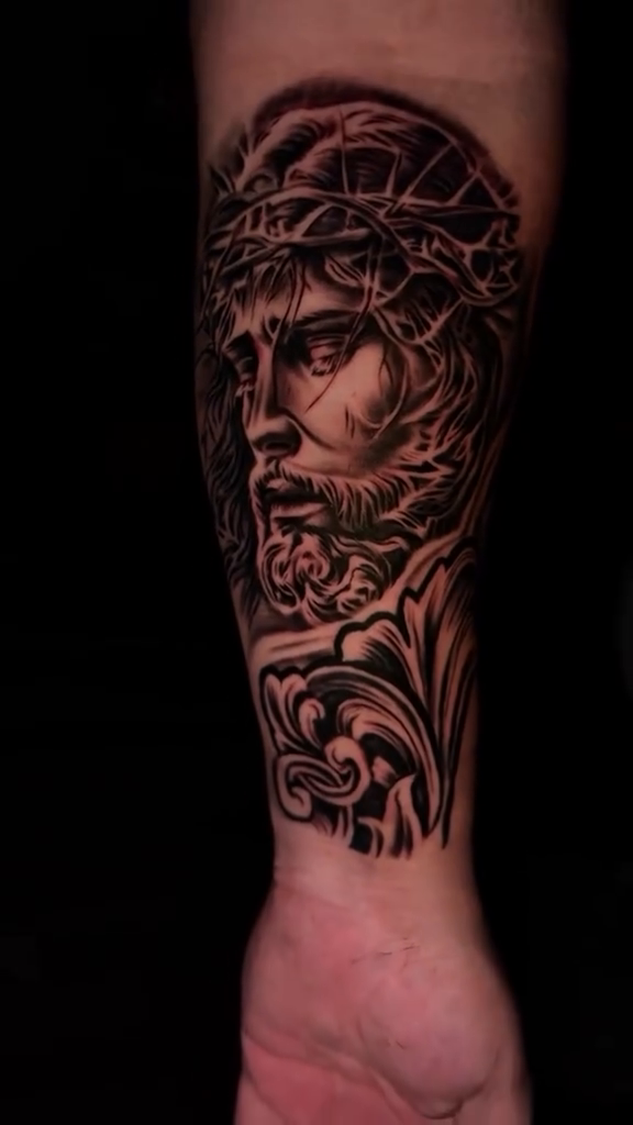 Jesus Christ portrait realism tattoo by Kevyn Vidal