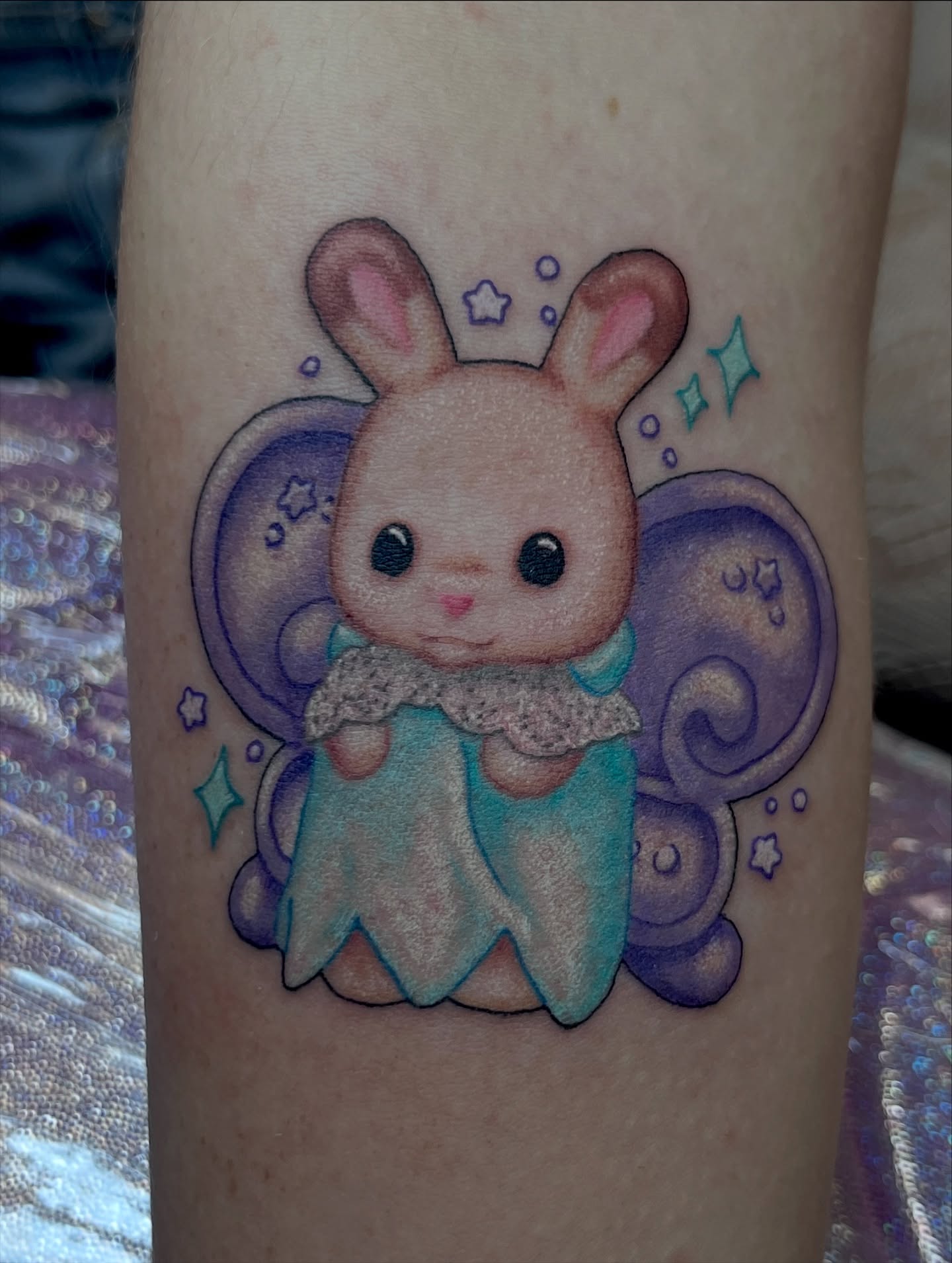 Kawaii bunny new school tattoo on the forearm by Cheyanne Peck