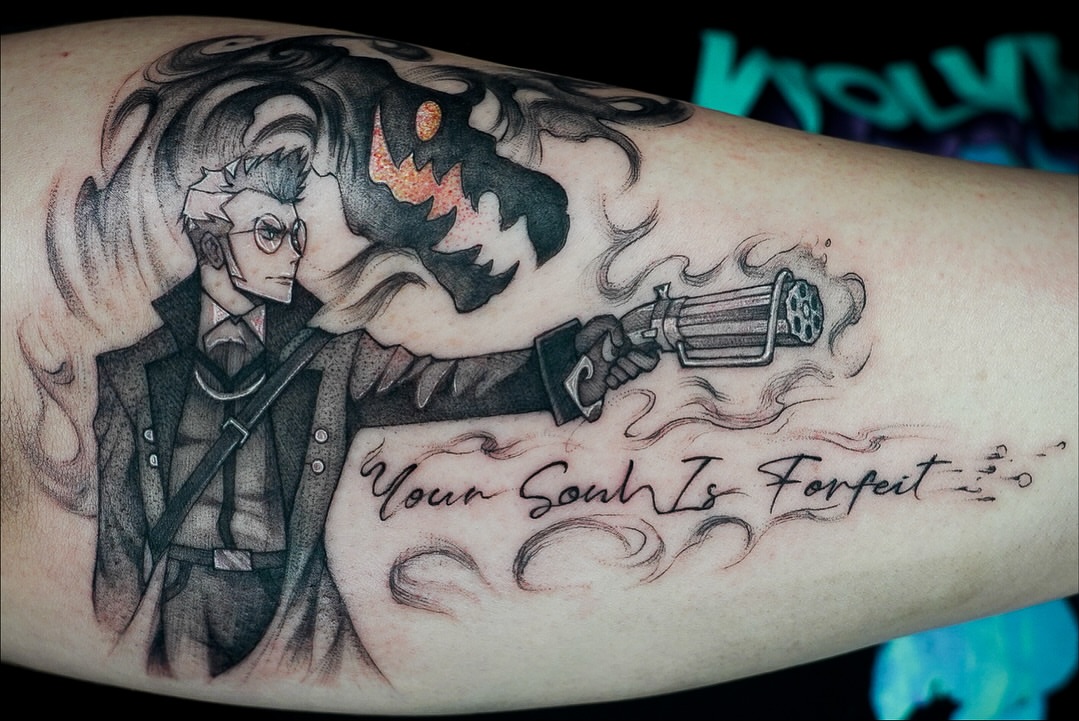 Gun and character black and grey tattoo on the forearm by Chris Jang