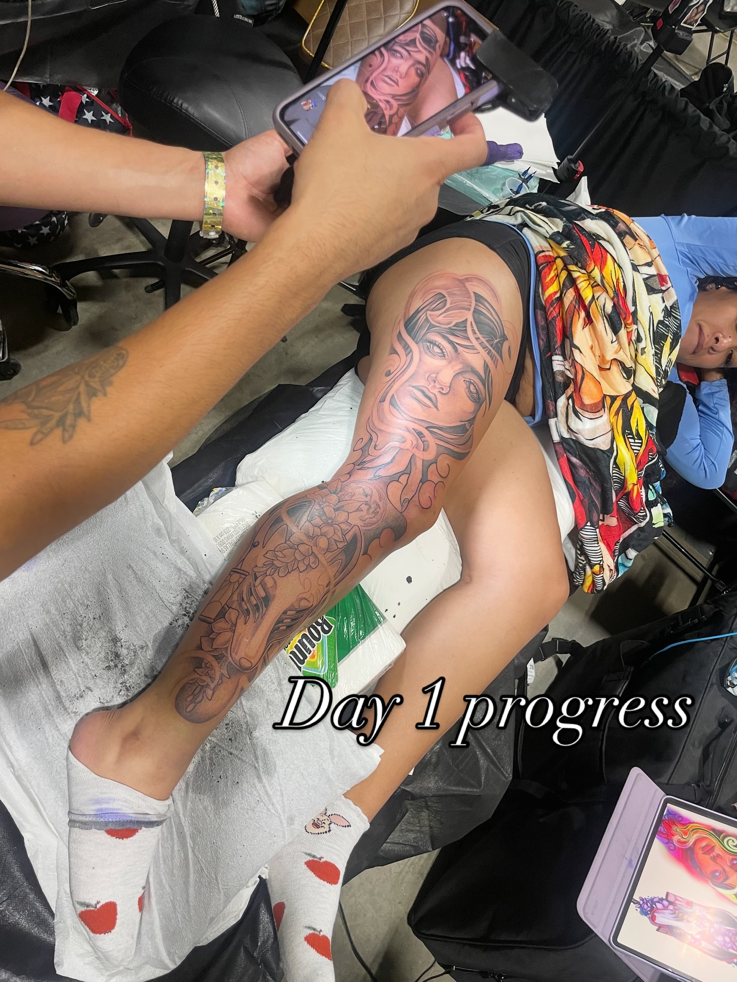 Woman's face realism tattoo on the leg by Mando Castro