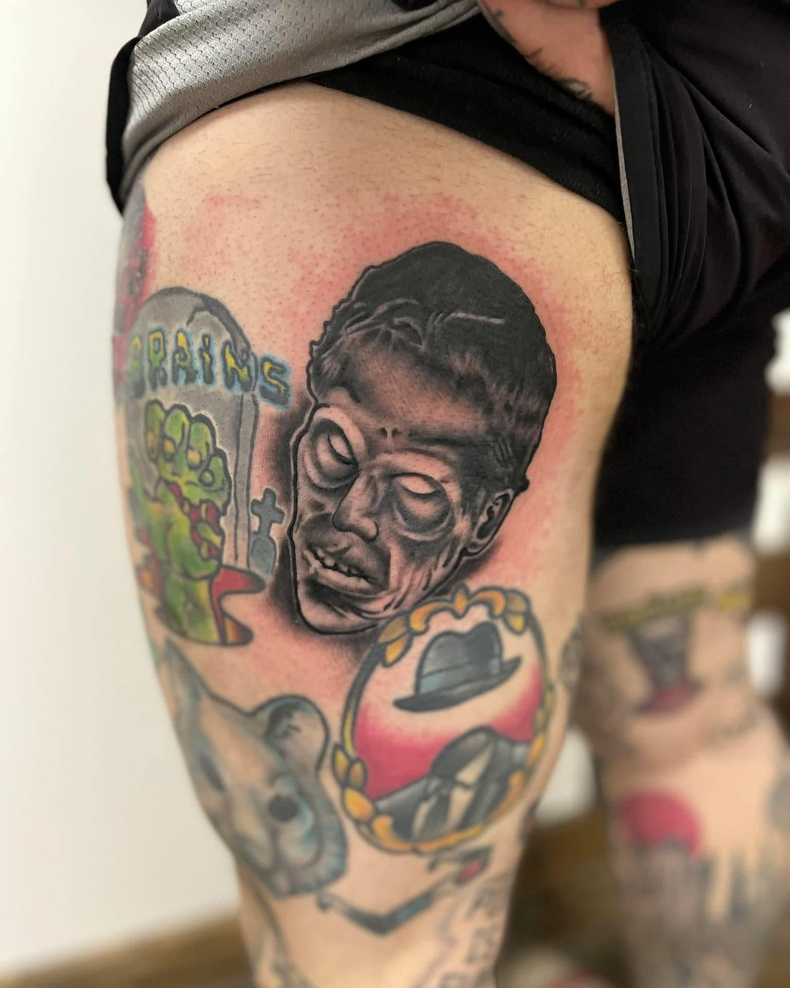 Zombie head realism tattoo on the thigh by Josh Roberts, Franklin, Ohio