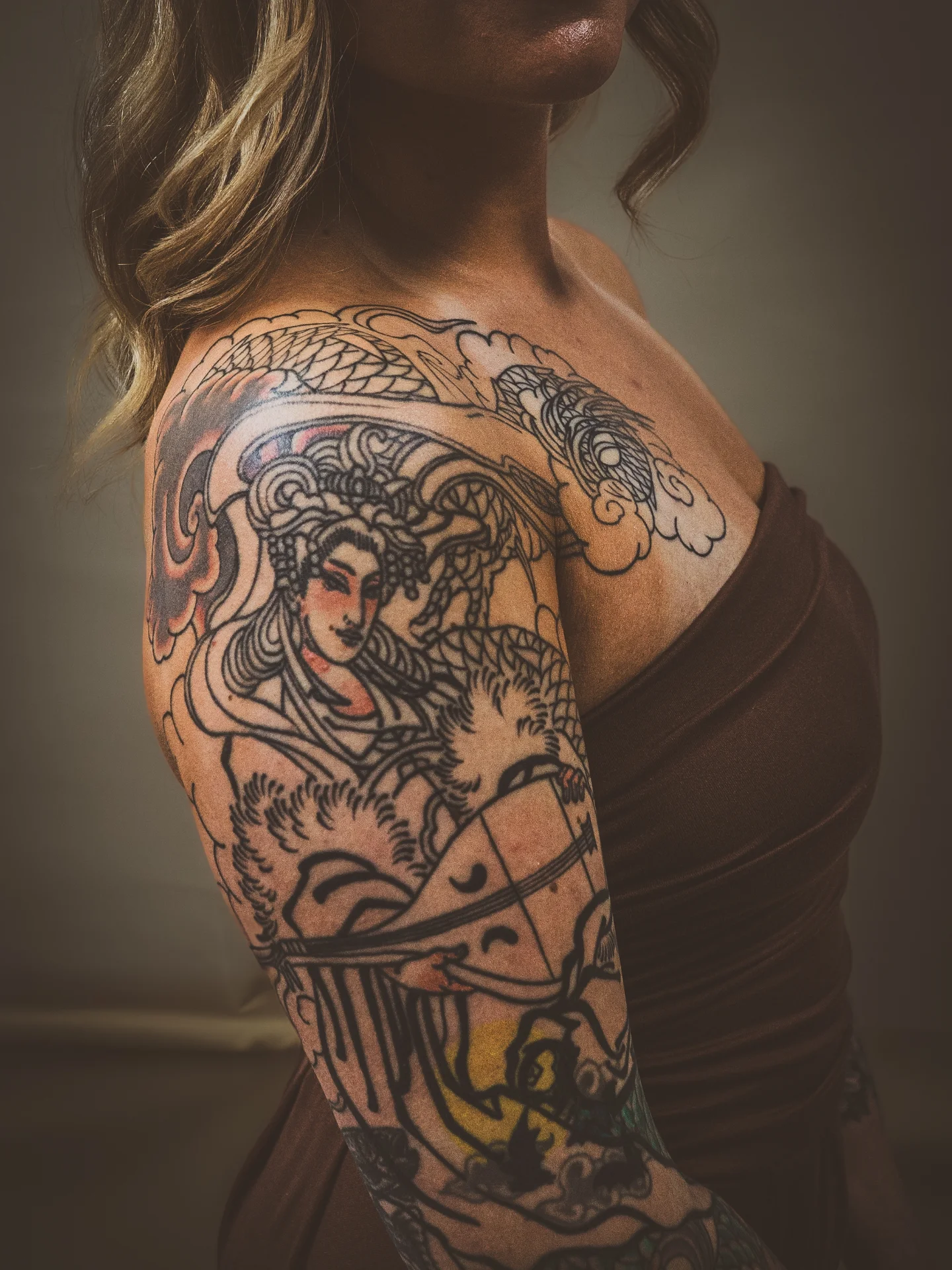 Medusa japanese irezumi tattoo on the shoulder by Angela Mukai