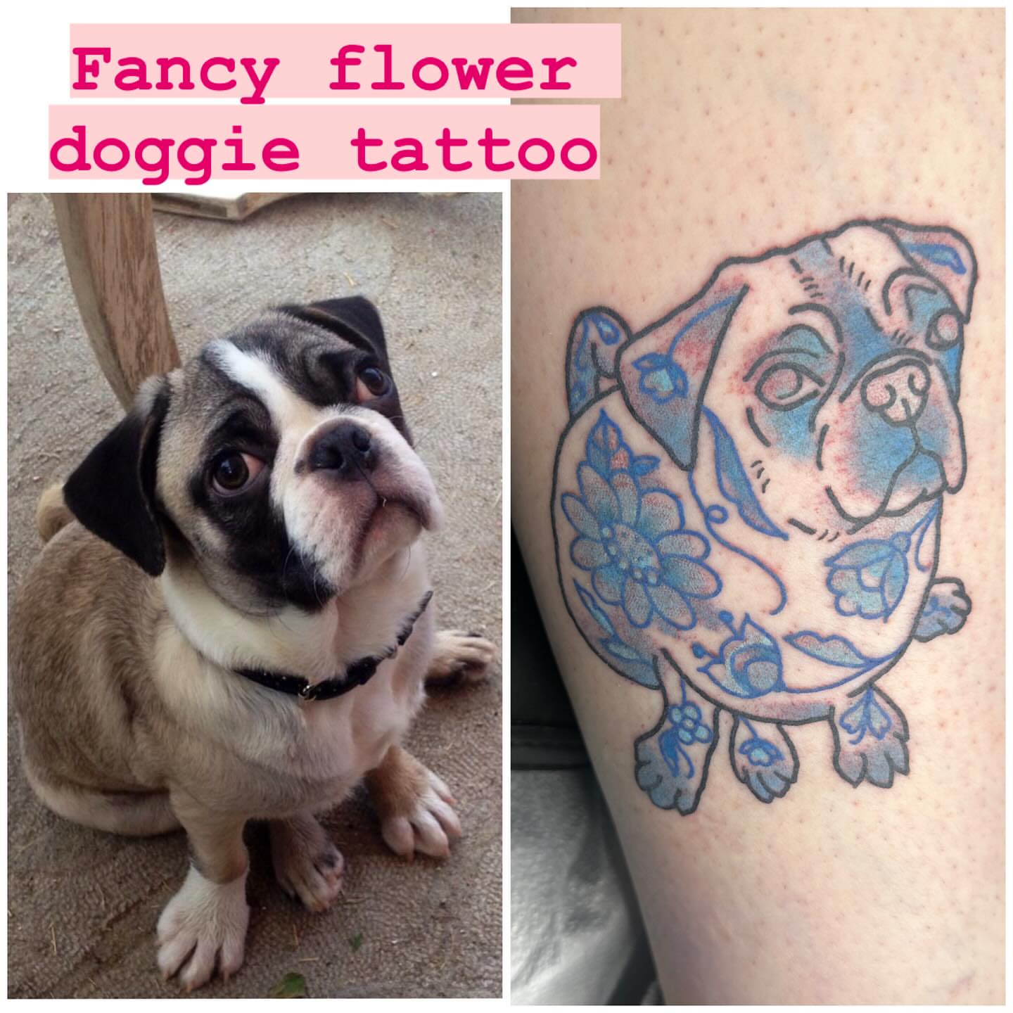 Fancy flower doggie American traditional tattoo on the thigh by Andrea Lynne Hastings-Craven Tattoo Artist, Cleveland, Ohio