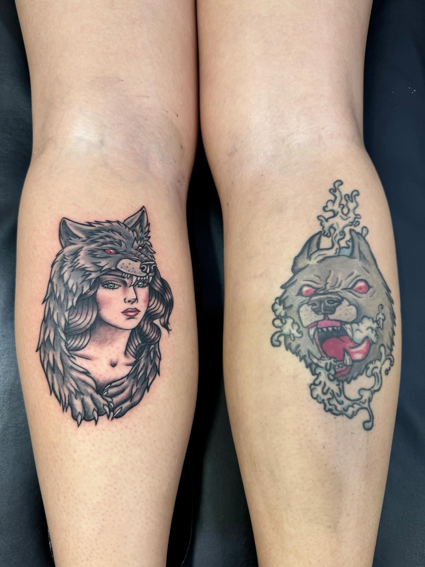 Wolf and woman realism tattoo on the thigh by Kenzie🖤