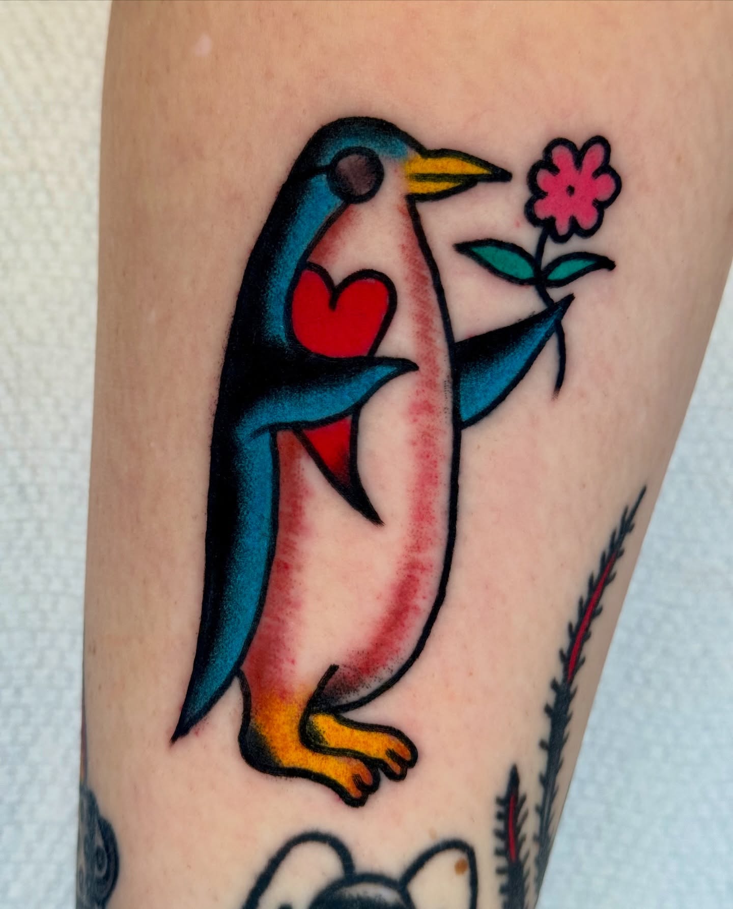 Bird holding heart American traditional tattoo on the forearm by Joe Bear Tattooer