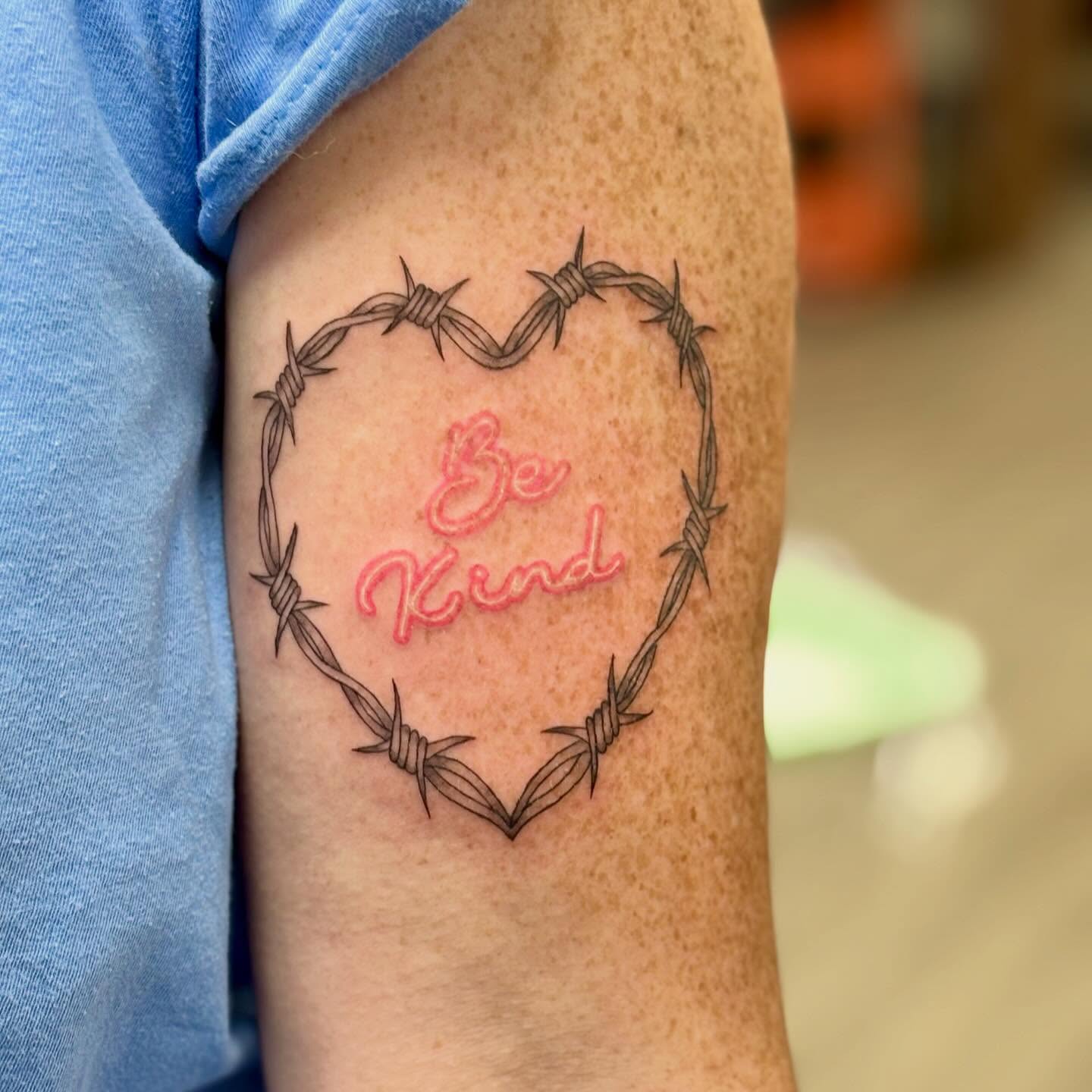 Be kind fine line tattoo on the forearm by bradyn thornton: eco-tattoo artist
