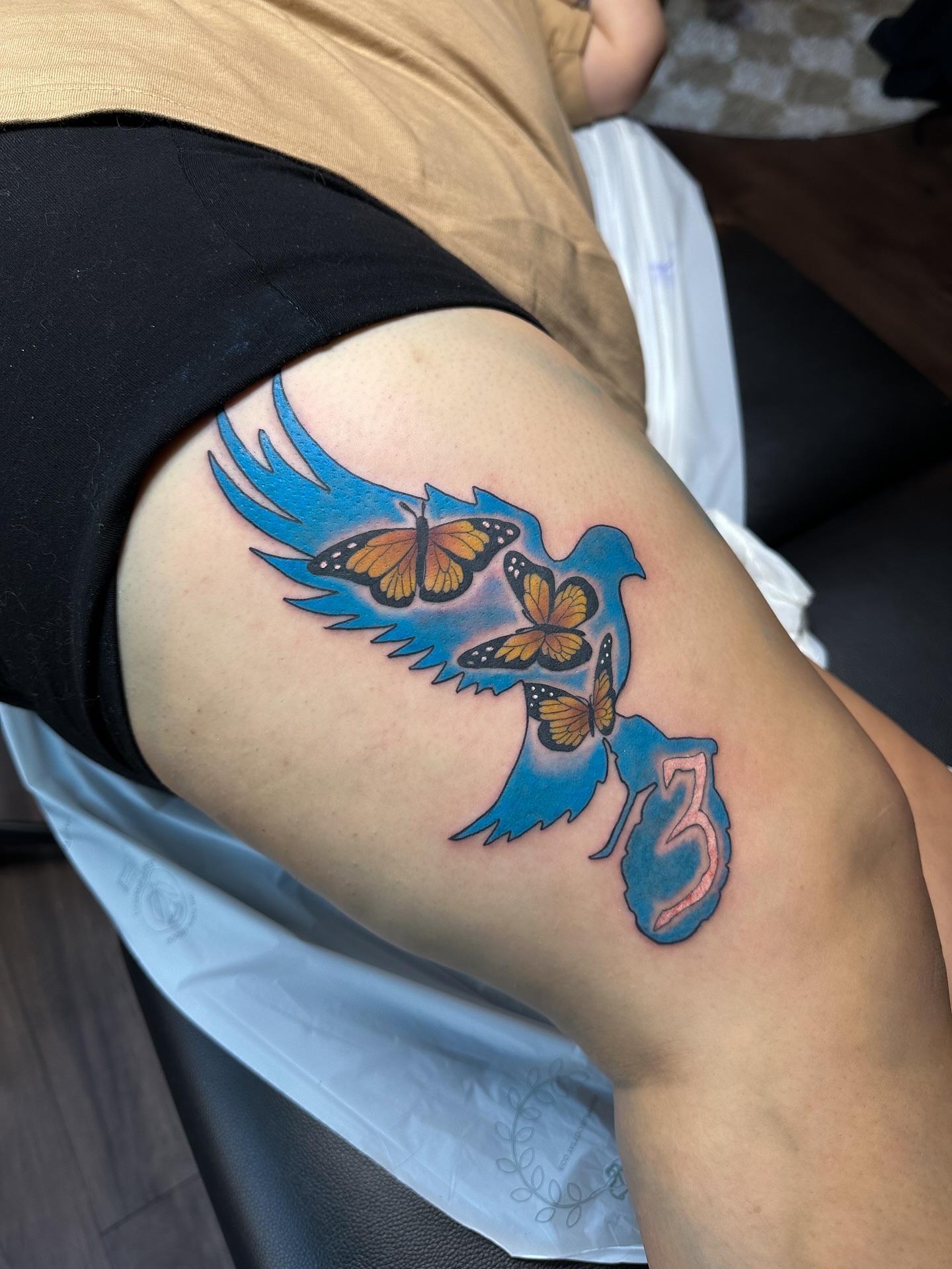 Butterflies and dove new school tattoo on the thigh by แดแด ๐ฎ๐ท ๐ฆ๐ซ