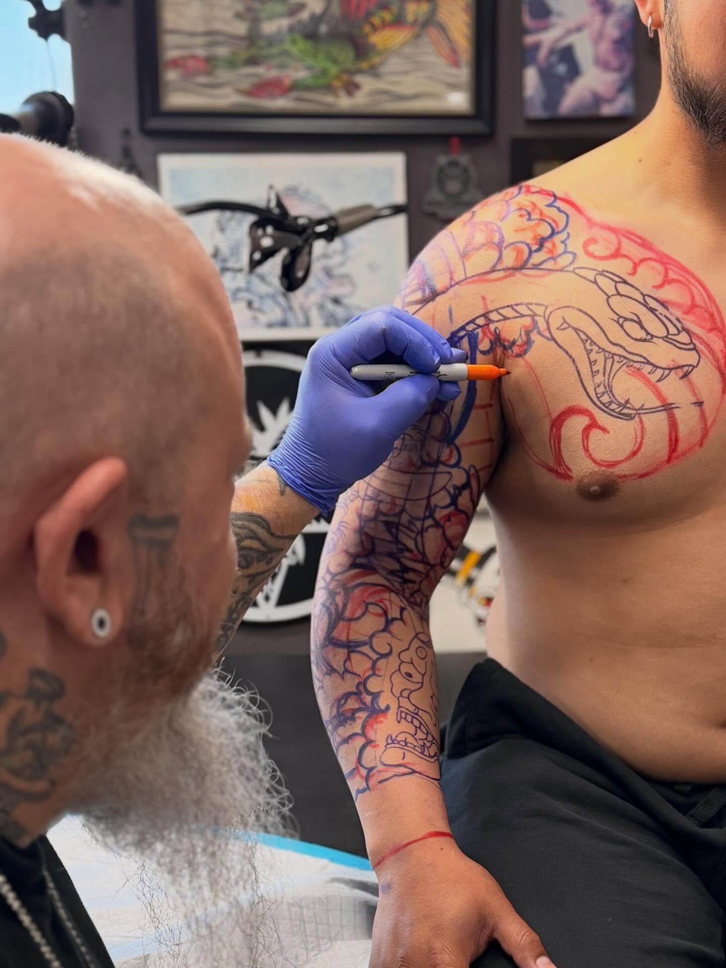Snake japanese irezumi tattoo on the chest by Marcos Rivera, Laredo, Texas