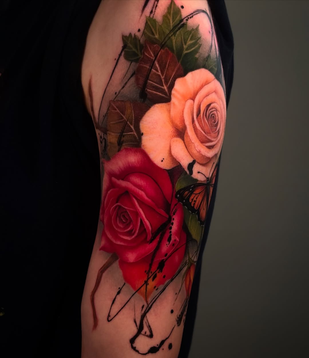 Roses and butterfly neo-traditional tattoo on the forearm by ✨ Tattoo Artist