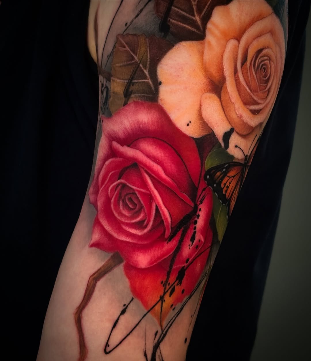 Roses and butterfly neo-traditional tattoo on the forearm by ✨ Tattoo Artist