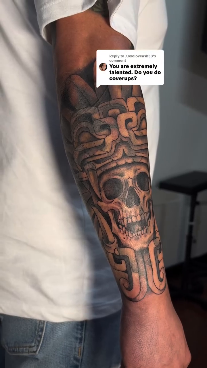 Skull with tribal elements realism tattoo by Alexandria