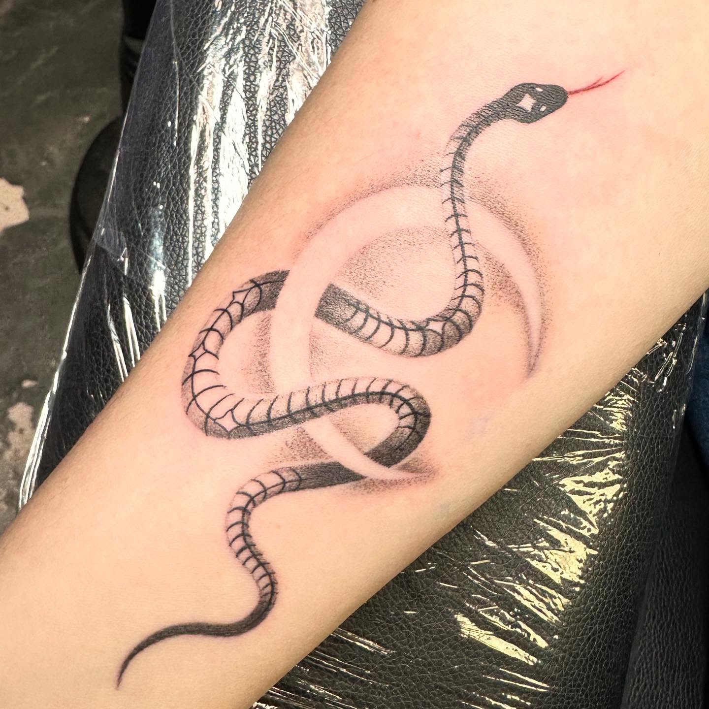 Snake dotwork tattoo on the forearm by Sarah Nash