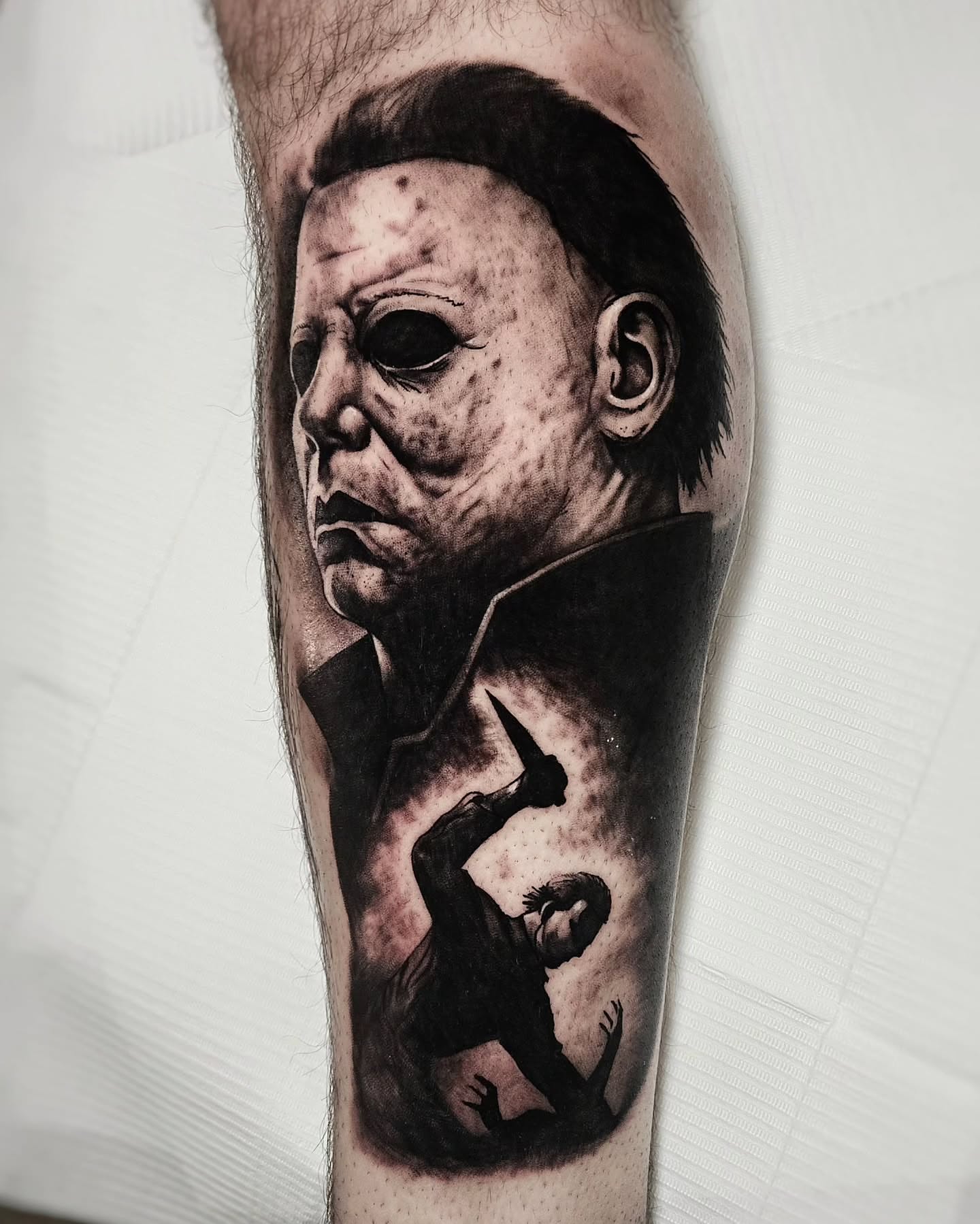 Michael Myers mask realism tattoo on the forearm by ʙʀɪᴀɴɴᴀ 𝒁𝑶𝑴𝑩𝑹𝑰𝑬 ᴛᴀᴛᴛᴏᴏꜱ
