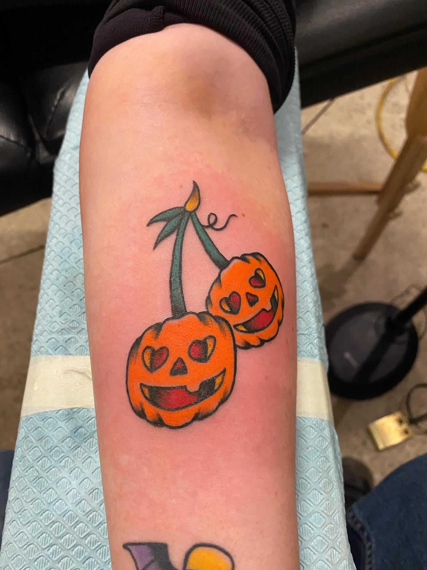 Pumpkin duo American traditional tattoo on the forearm by Kyle Mitchell, Cincinnati