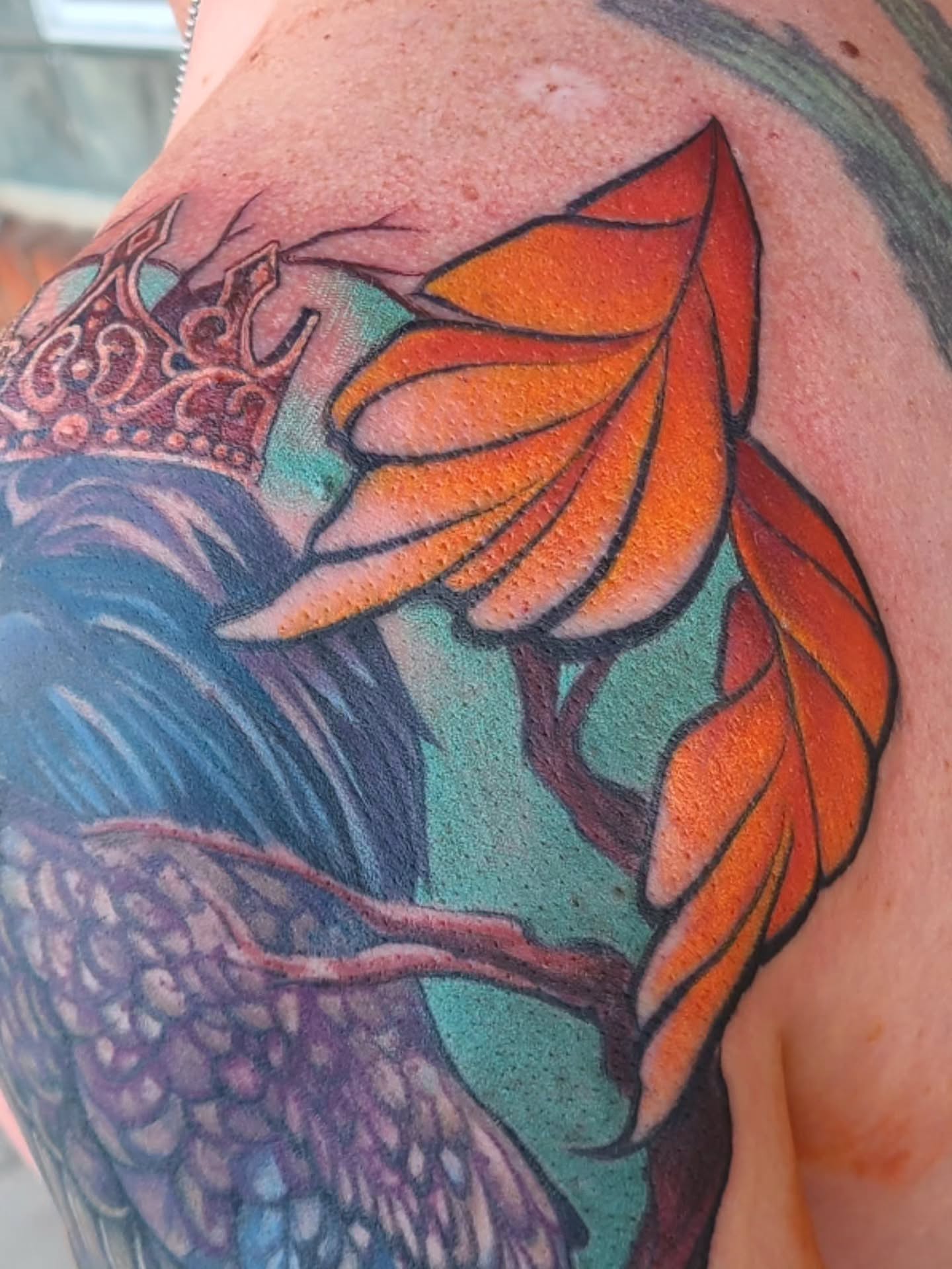 Mermaid new school tattoo on the shoulder by David Vodicka