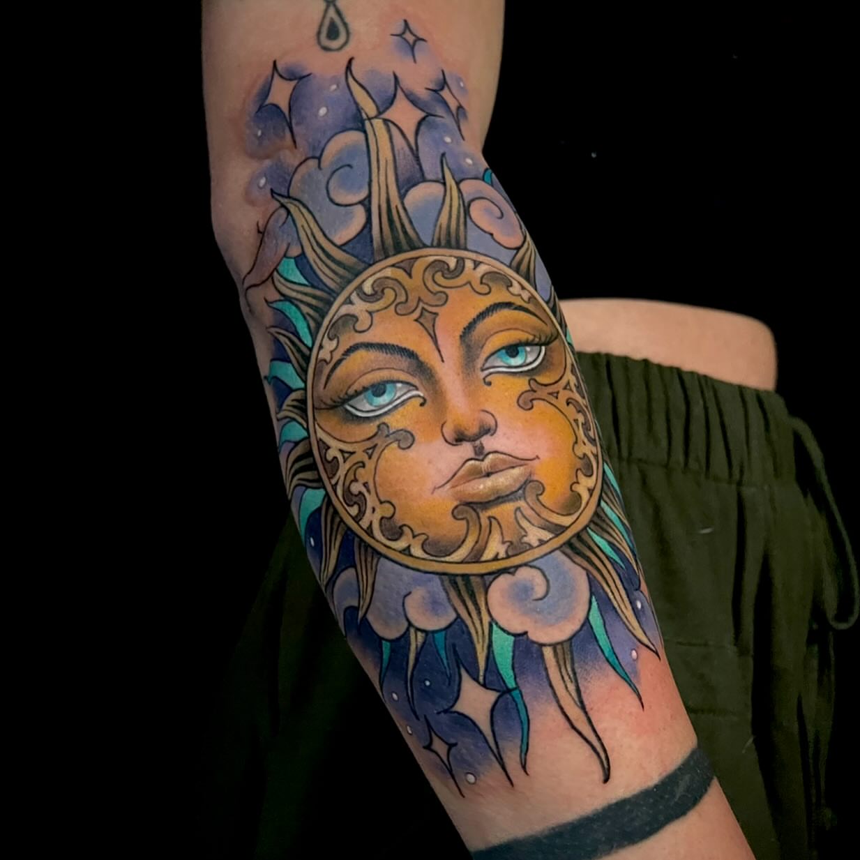 Sun face realism tattoo on the forearm by ✨𝕄𝕚𝕜𝕖 𝕆’𝔽𝕒𝕣𝕣𝕖𝕝𝕝✨, Denver, Colorado