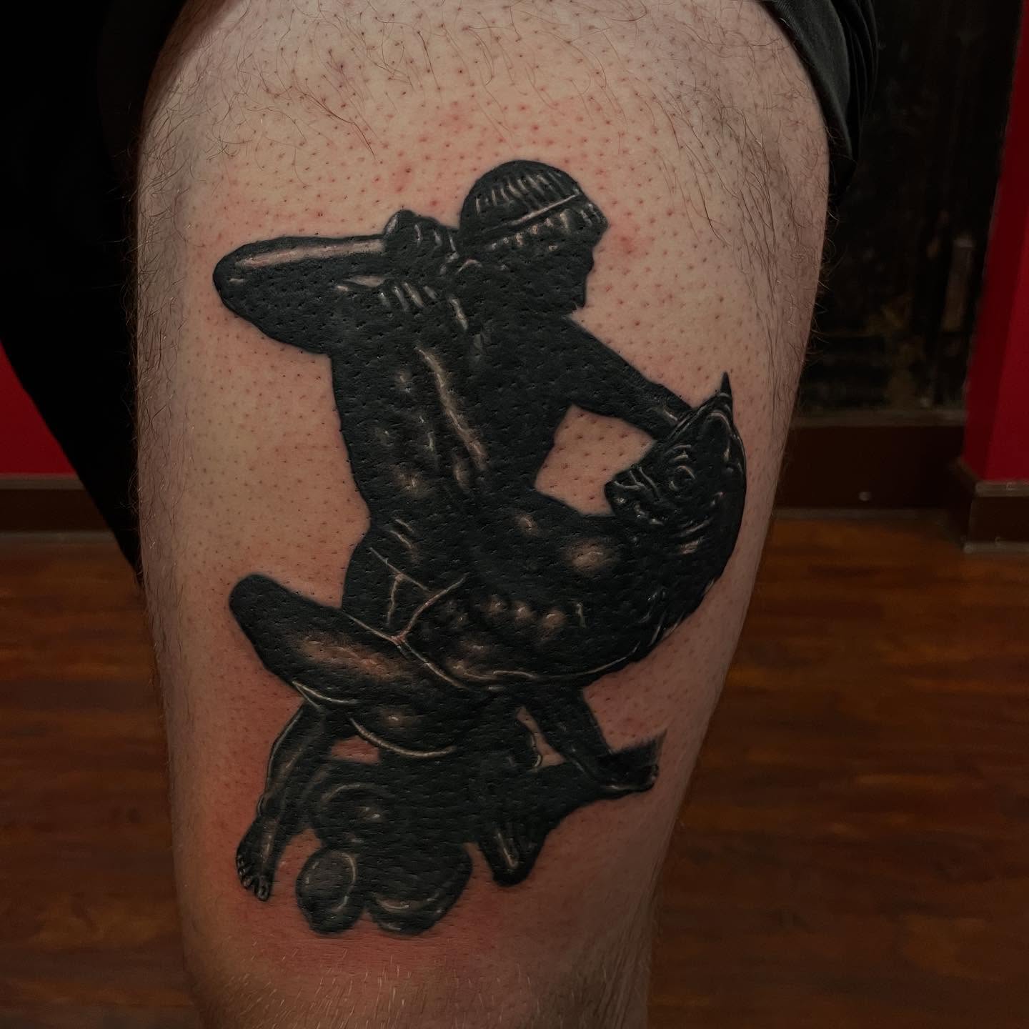 Gladiator black and grey tattoo on the thigh by Chrissy Ungrew Tattoos, Covington, Kentucky