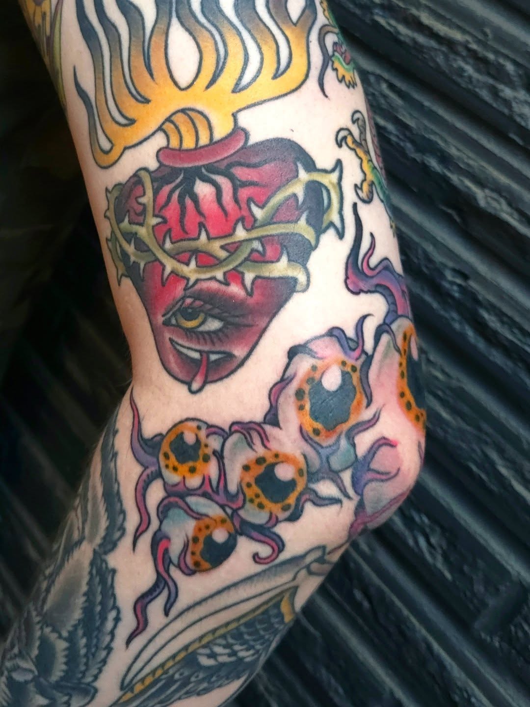 Sacred heart with thorns American traditional tattoo on the forearm by Justin Ballard, #Edmonds, Edmonds, Washington