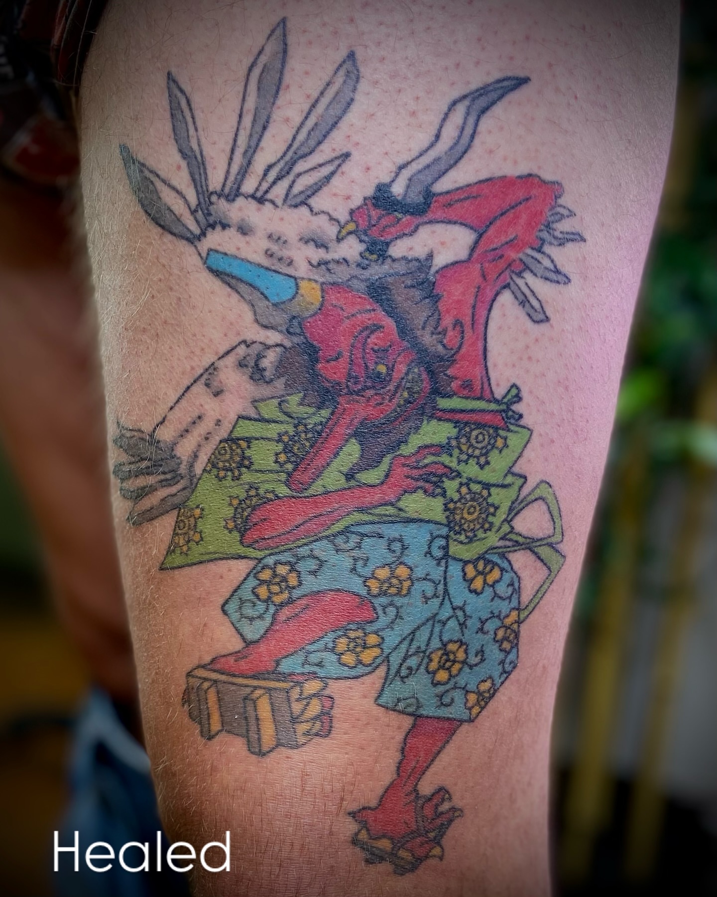 Demon with horns American traditional tattoo on the thigh by Shelbie, Salt Lake City, Utah