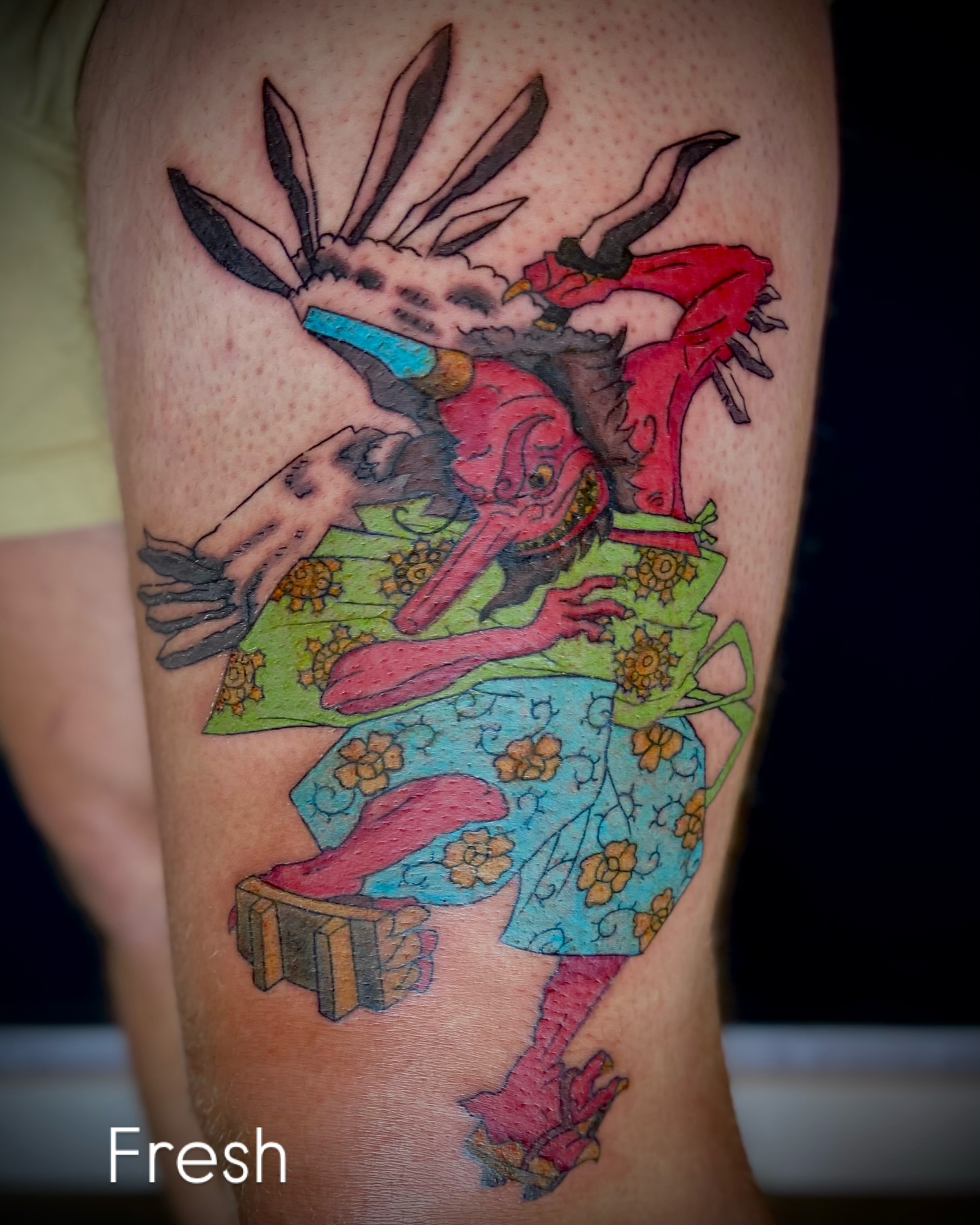 Woman with animal new school tattoo on the thigh by Shelbie, Salt Lake City, Utah