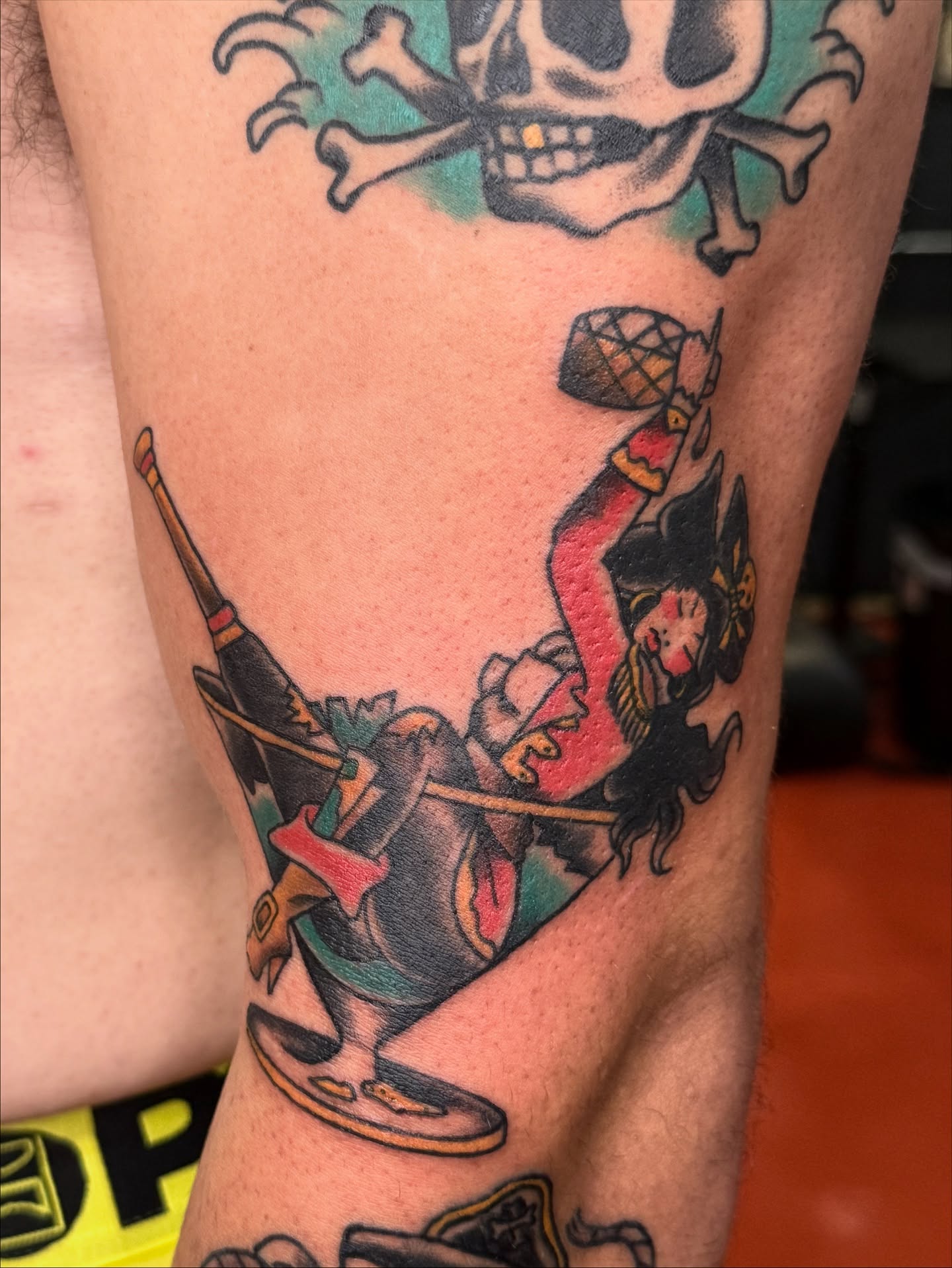 Pirate and geisha American traditional tattoo on the forearm by Andre Guerra