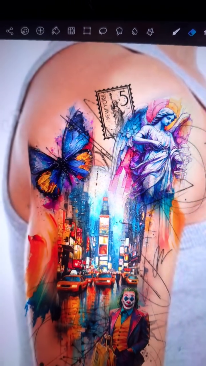 Joker and new york city street trash polka tattoo by Xavier NYC TATTOO ARTIST