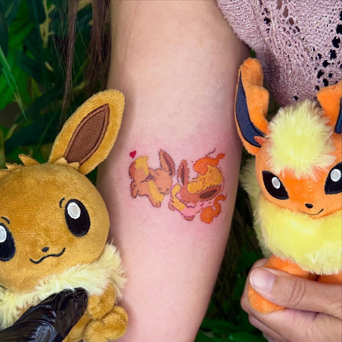 Eevee evolution dotwork tattoo on the forearm by Yez tattoo