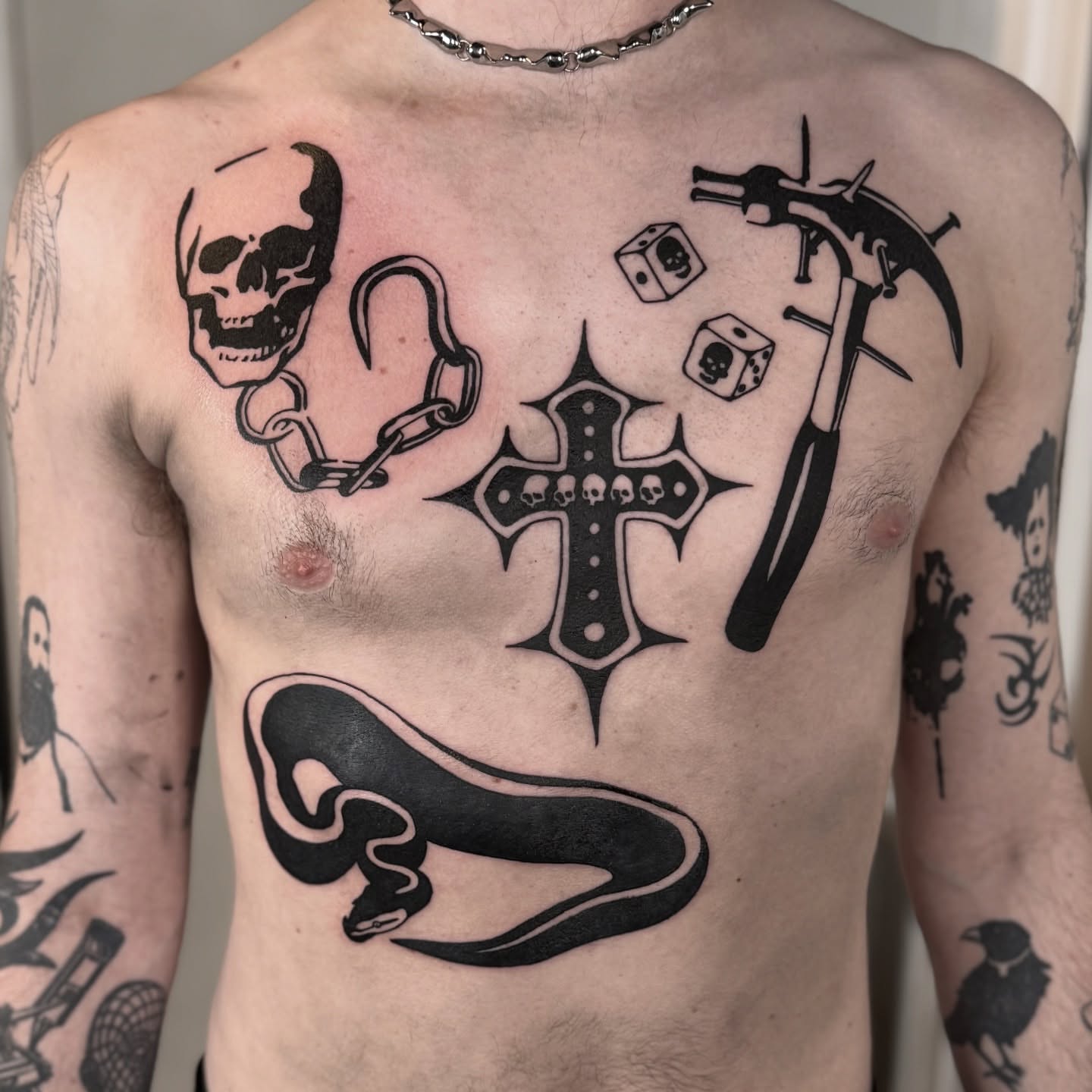 Cross and snake black and grey tattoo on the chest by Han shinko, Portland, Oregon