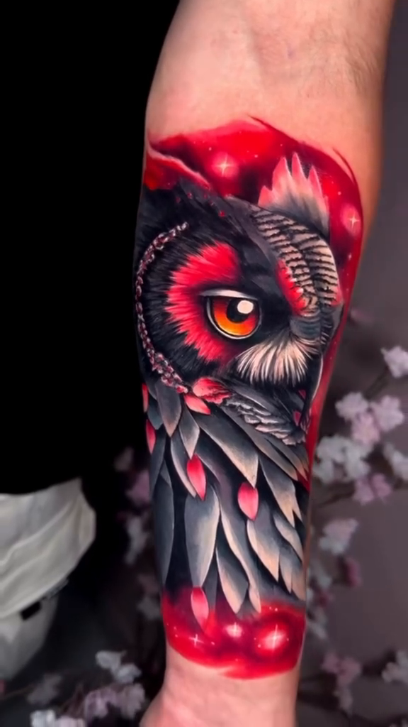 Owl with red accents realism tattoo on the forearm by Kaly, Manhattan, NYC
