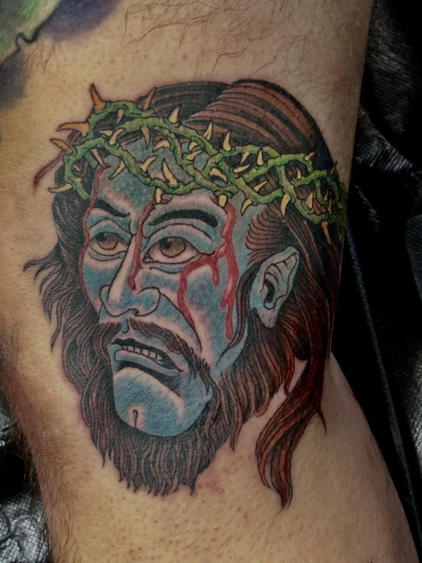 Jesus Christ realism tattoo on the thigh by Jordan Rubin, Dunedin, Florida